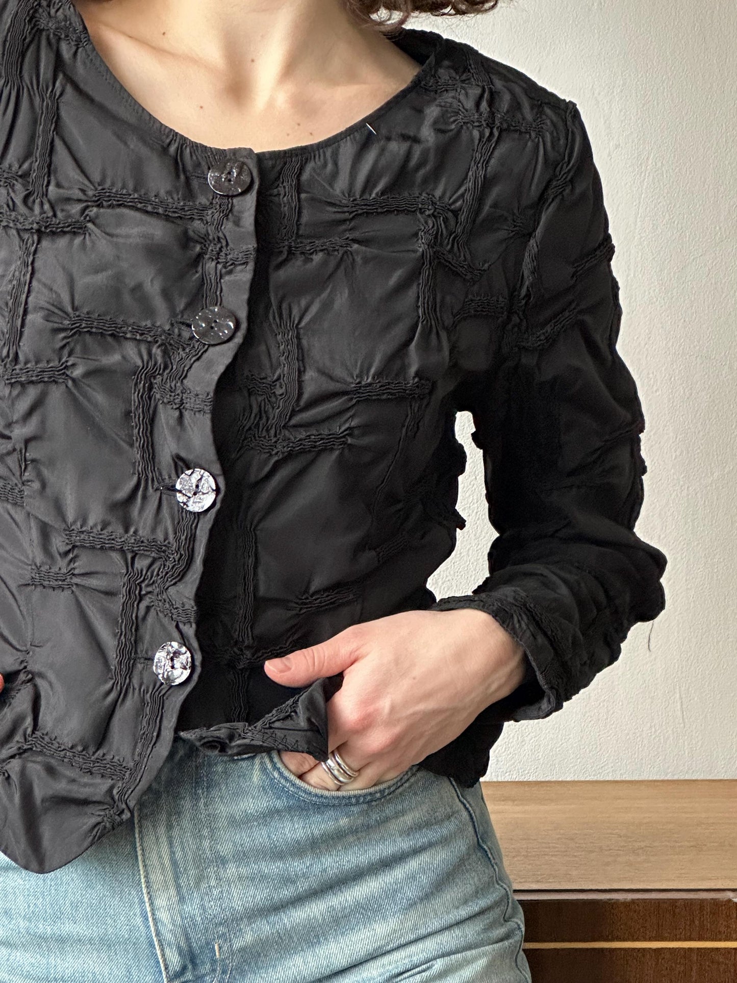 Vintage 80s ruffled women blouse in black
