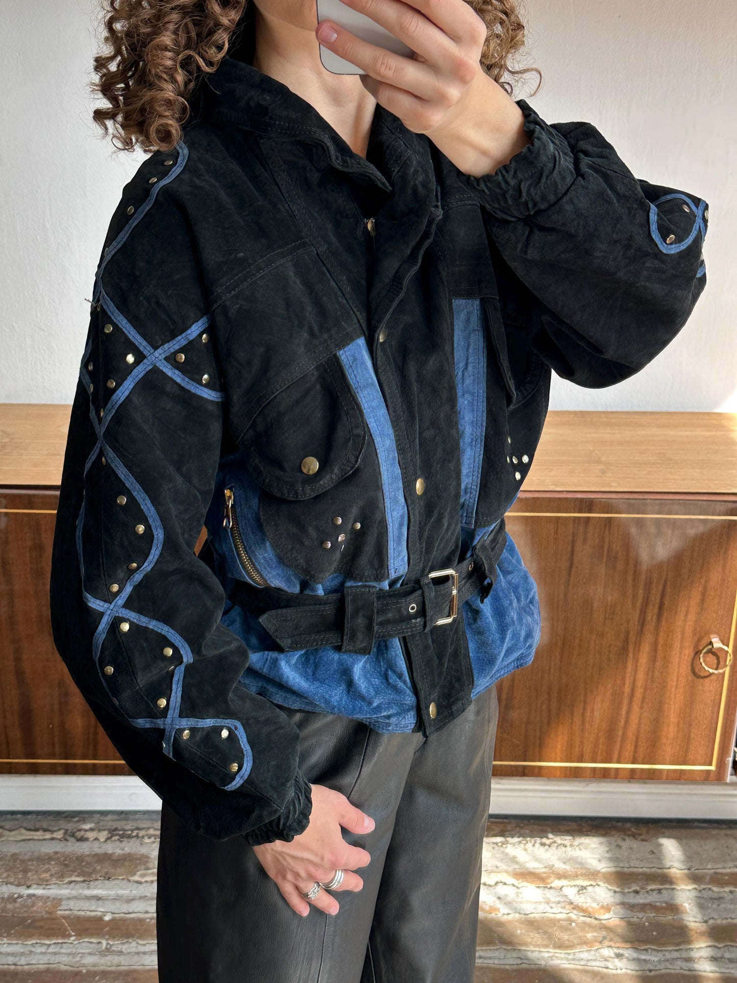 Vintage 90s Suede Leather Motorcycle Bomber Jacket - Black, Cropped Dolman Sleeve