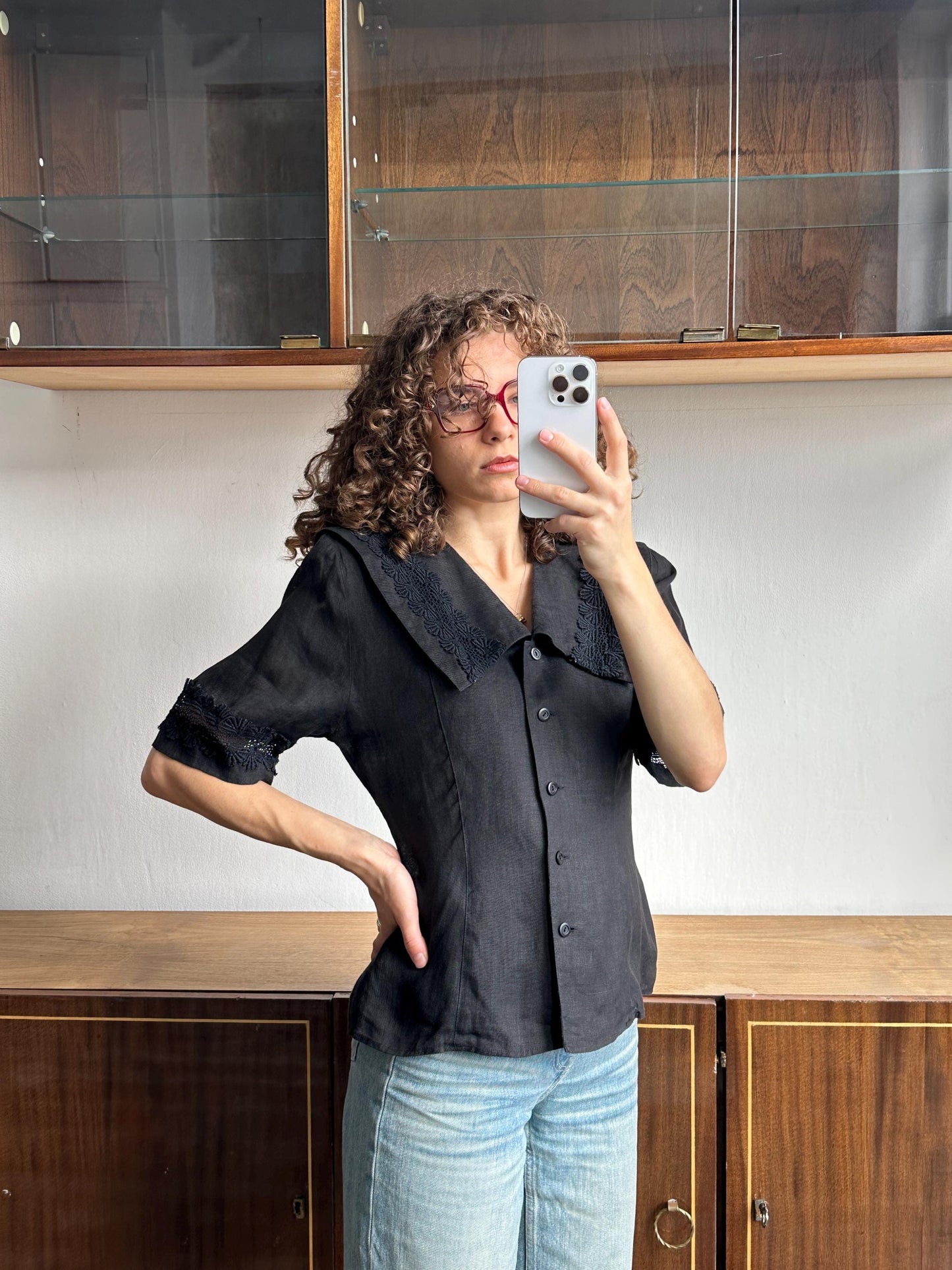 Vintage linen blouse in black with floral embroidery