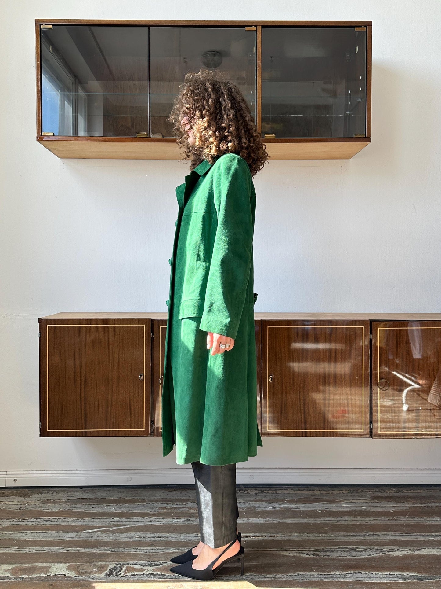 Vintage straight suede leather coat in bright green