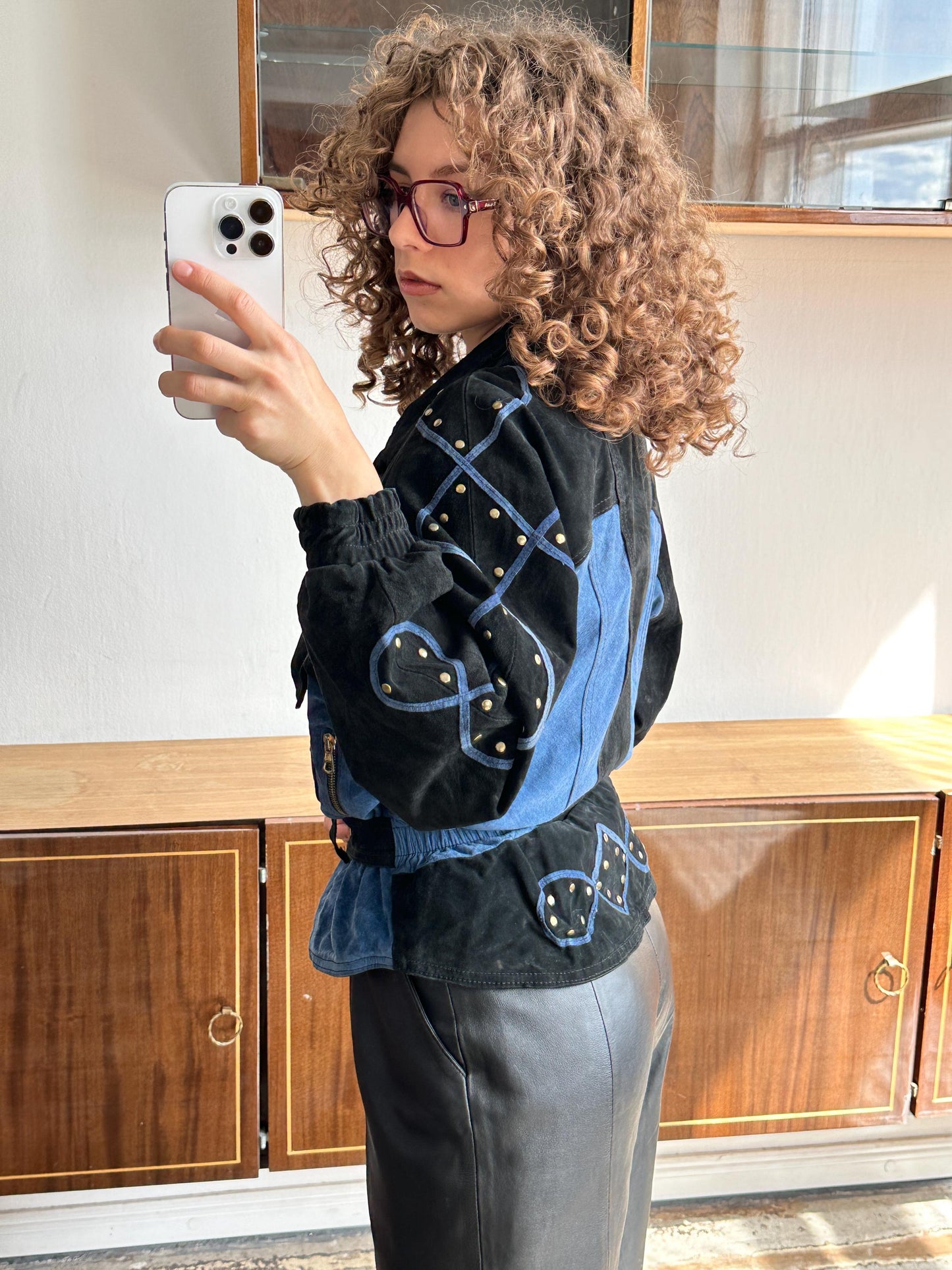 Vintage 90s Suede Leather Motorcycle Bomber Jacket - Black, Cropped Dolman Sleeve