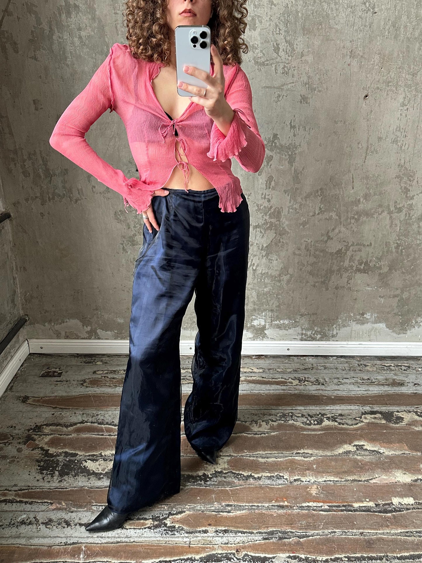 Vintage 90s wide shining disco pants in dark blue