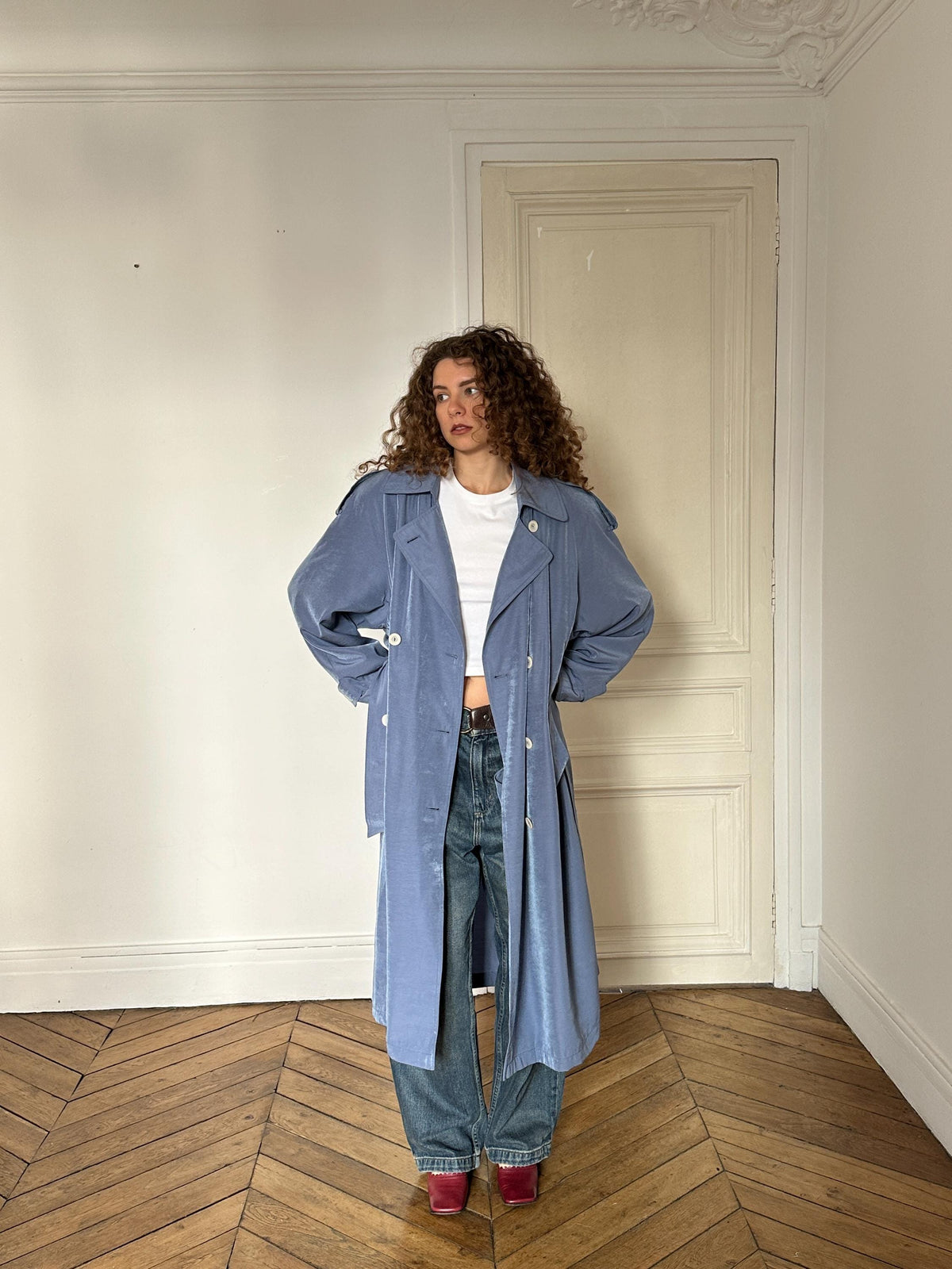 Vintage Cloudy Blue Long Trench Coat