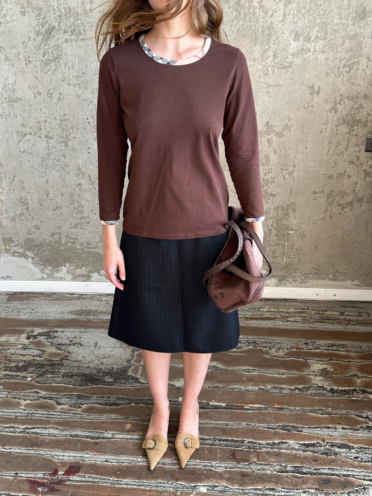 Vintage Burberry London Brown Check Trim Top | Long Sleeve Cotton Shirt