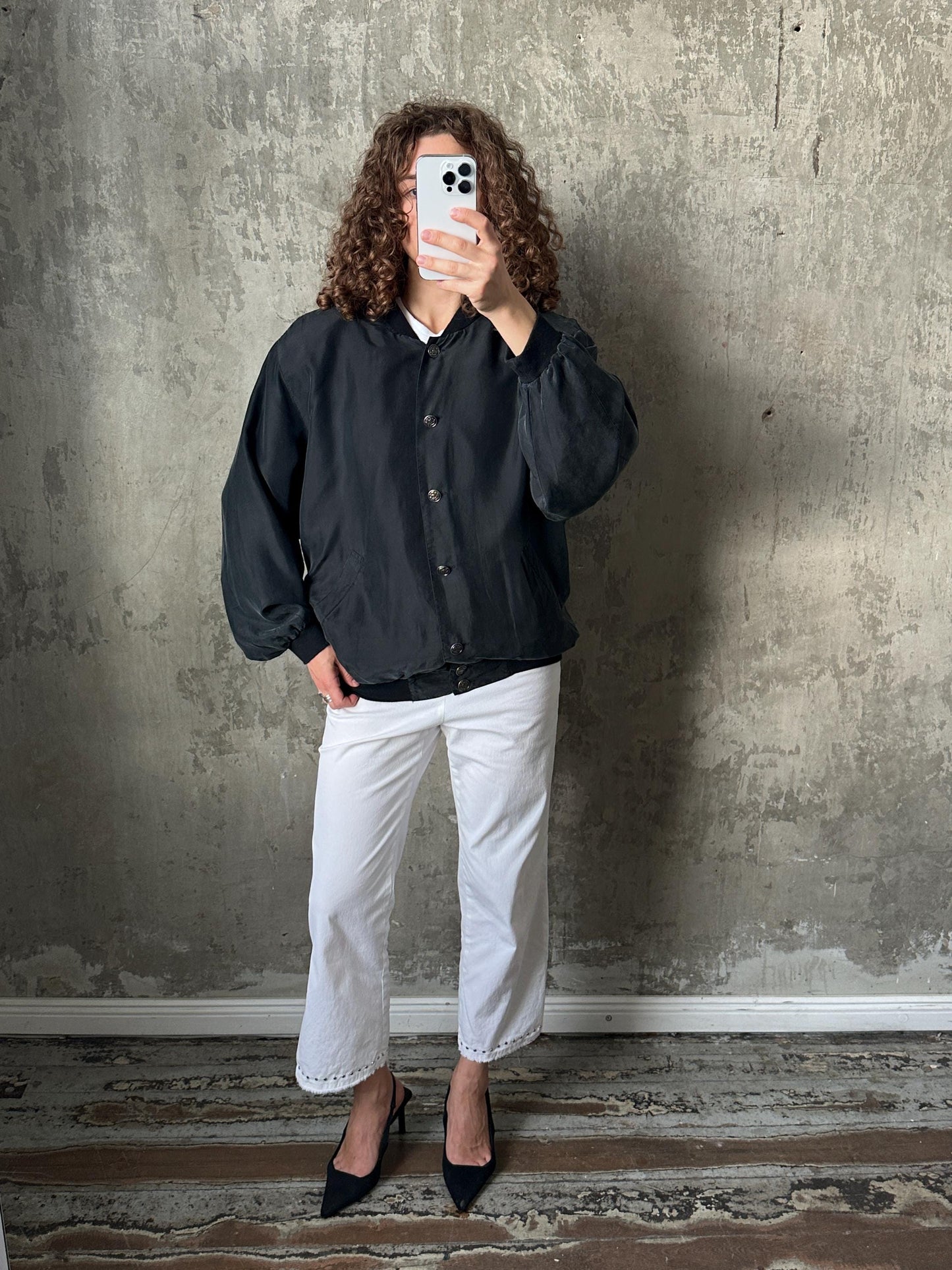 Vintage y2k oversized silk bomber jacket in black