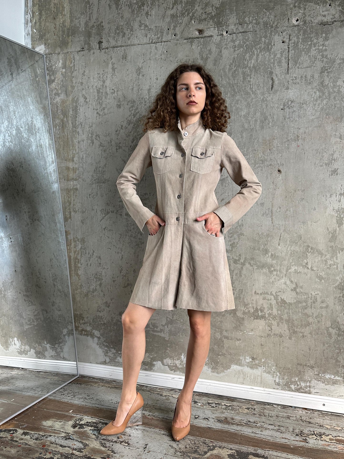 Vintage Beige Suede Leather Coat with Raw Edge