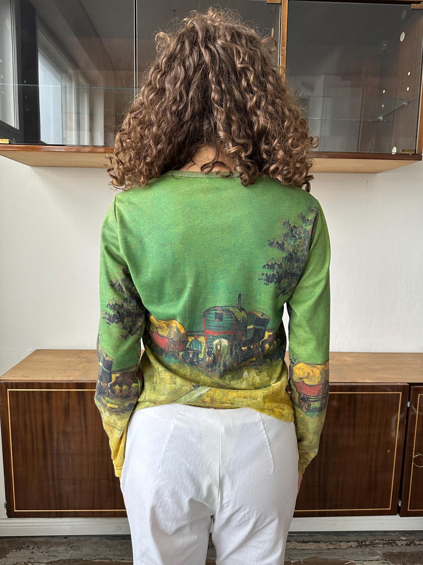 Vintage cotton sweatshirt in green with abstract nature print
