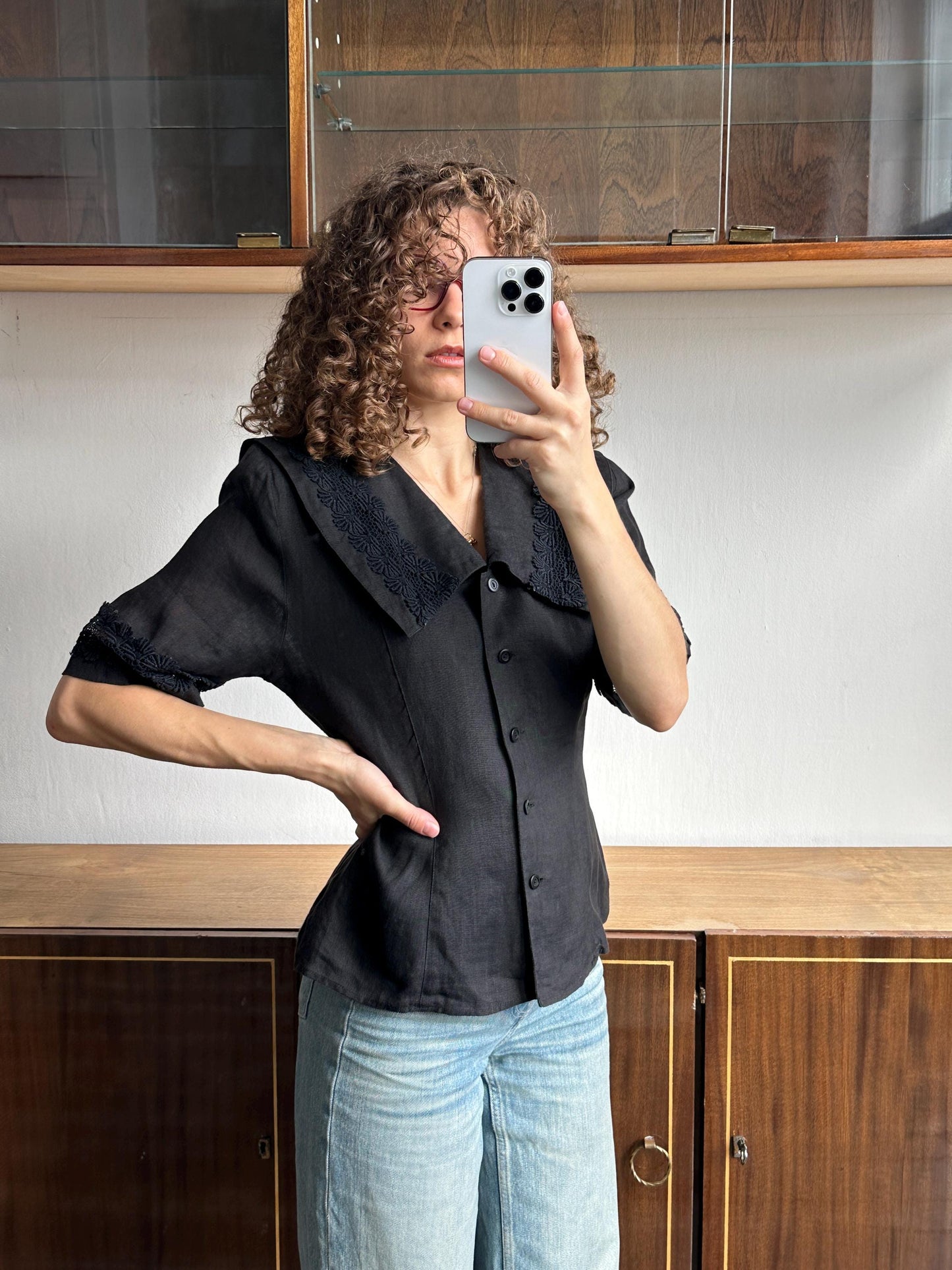 Vintage linen blouse in black with floral embroidery