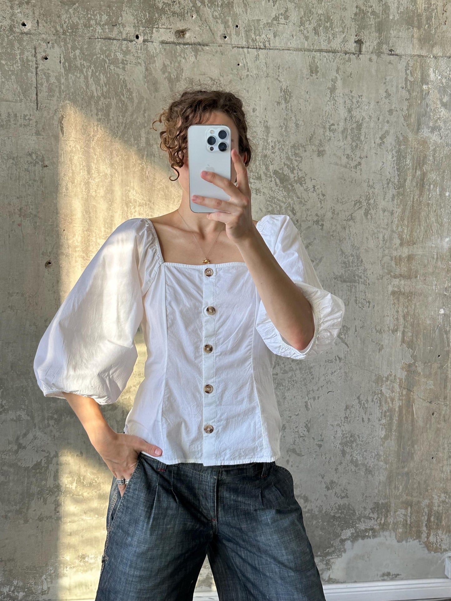 Vintage cotton blouse with balloon sleeves in white
