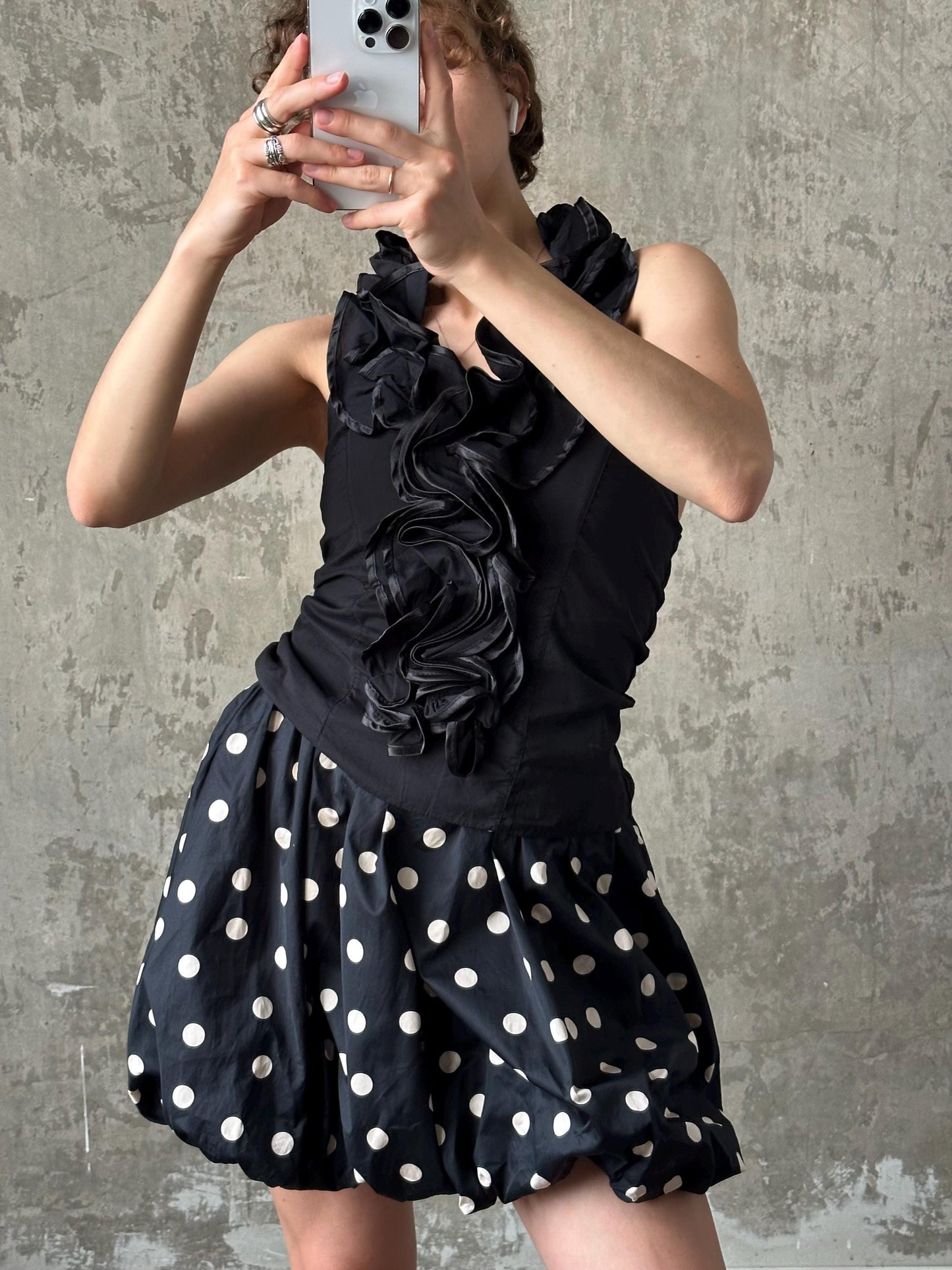 Vintage tube halter top in black with floral detail