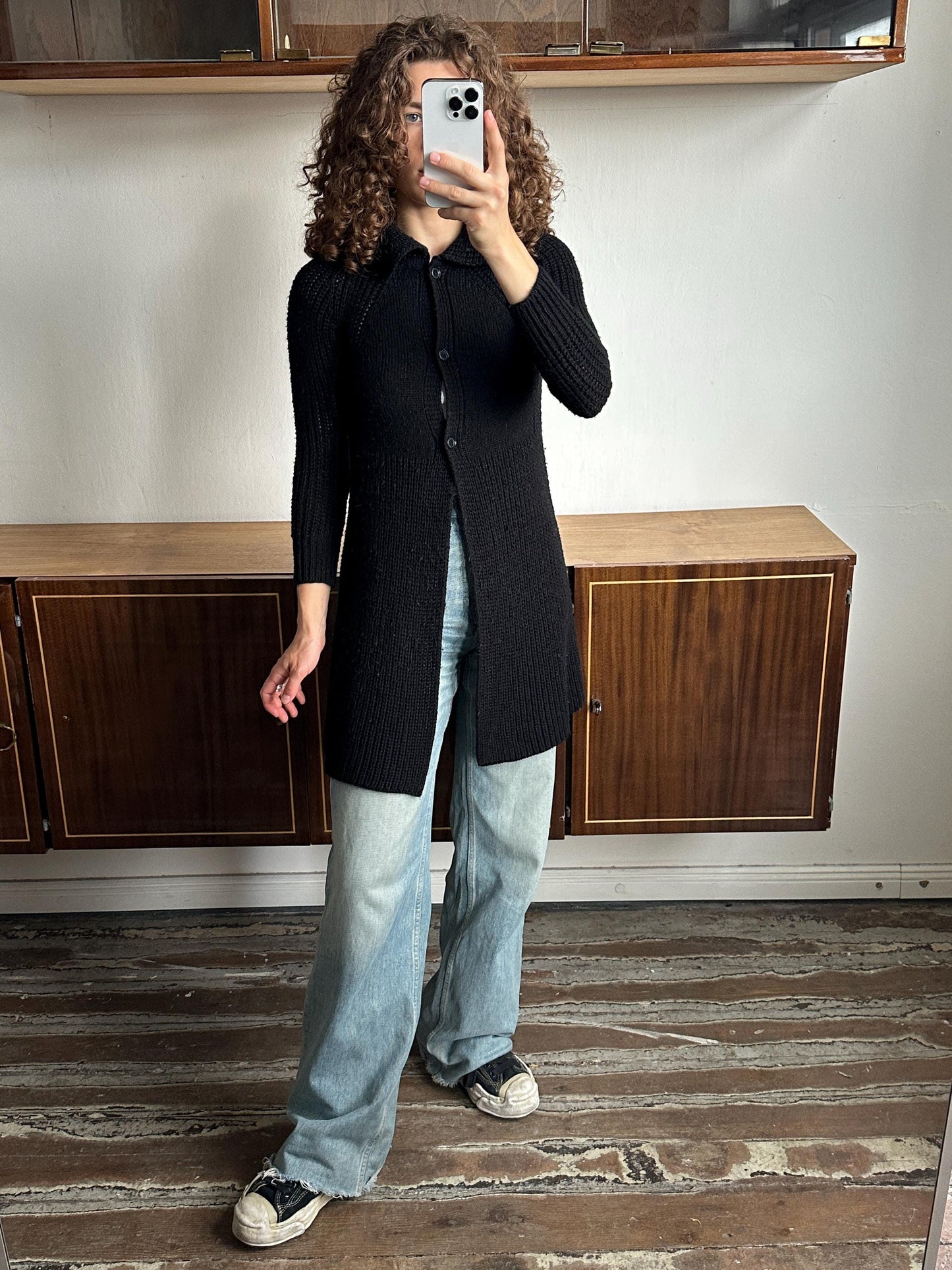 Vintage cardigan in black, button-down knit dress
