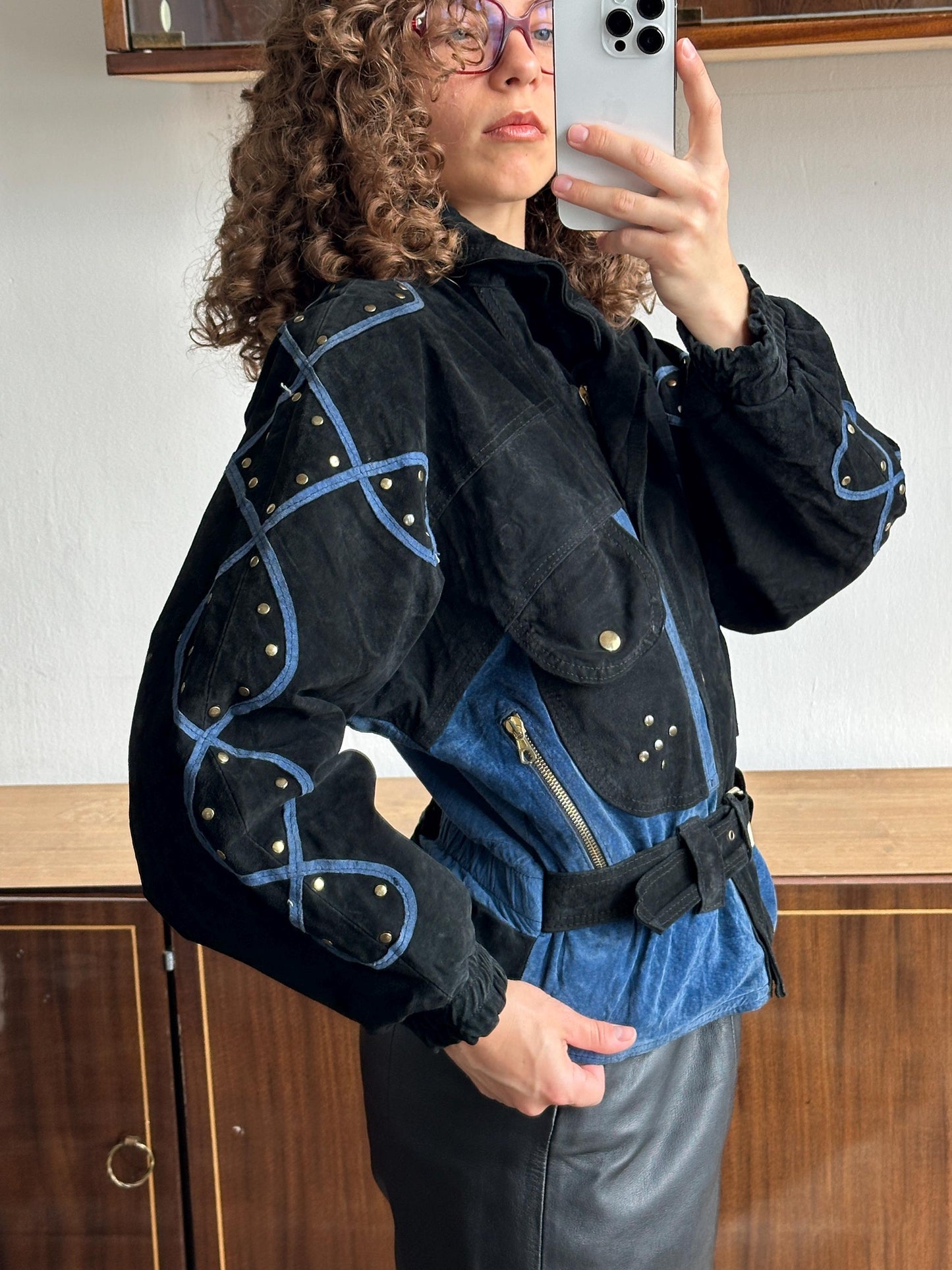 Vintage 90s Suede Leather Motorcycle Bomber Jacket - Black, Cropped Dolman Sleeve