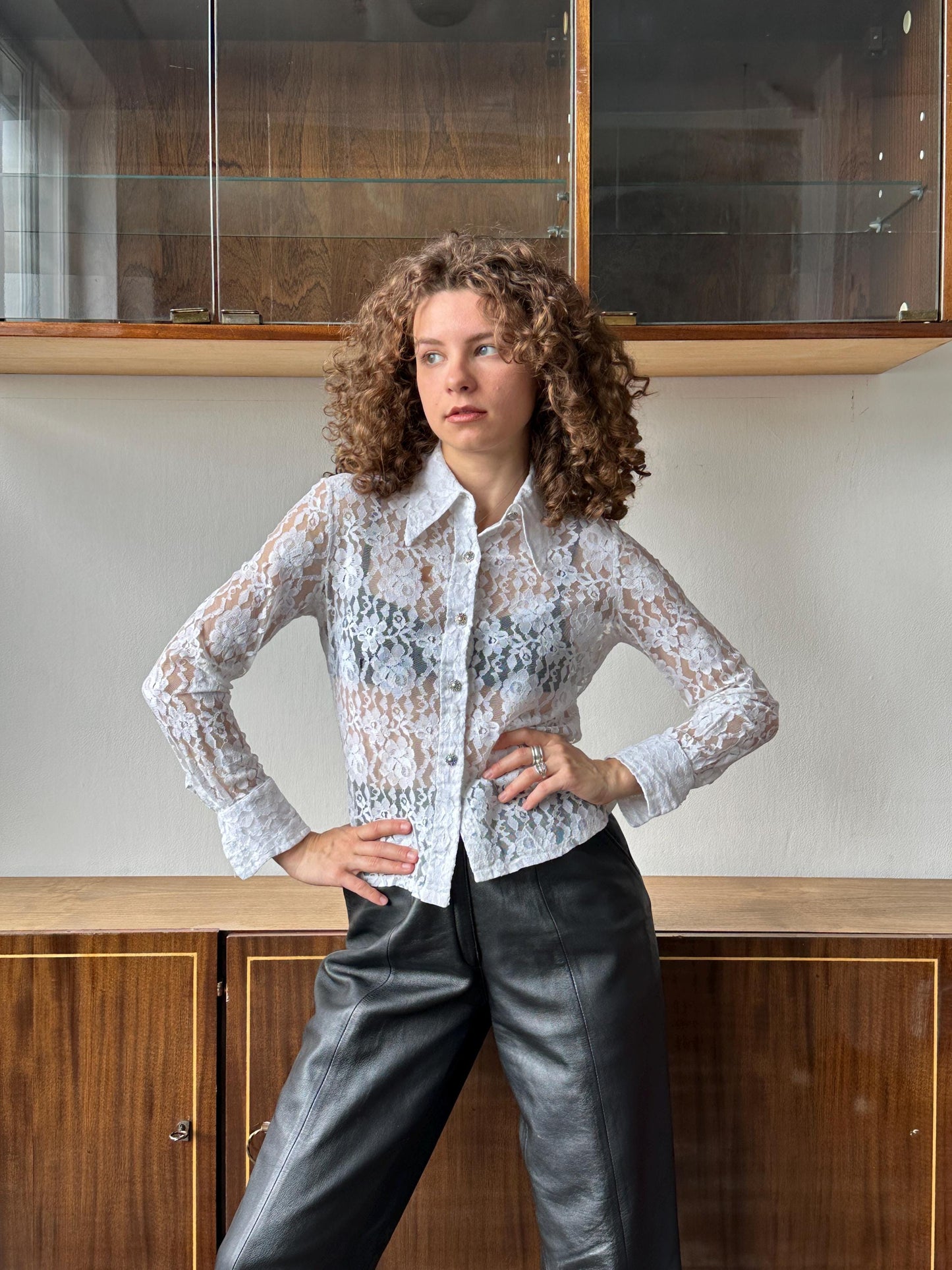 Vintage lace blouse in white, sheer blouse