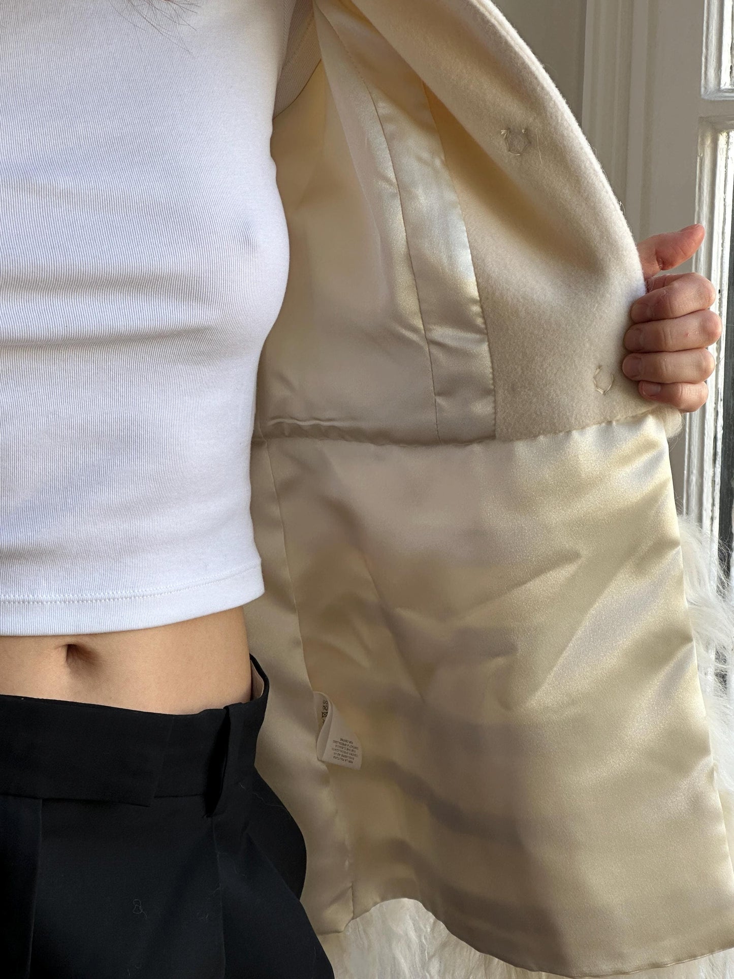 Vintage Y2K Ivory Wool Short Coat with Tibetan Lamb Fur Hem