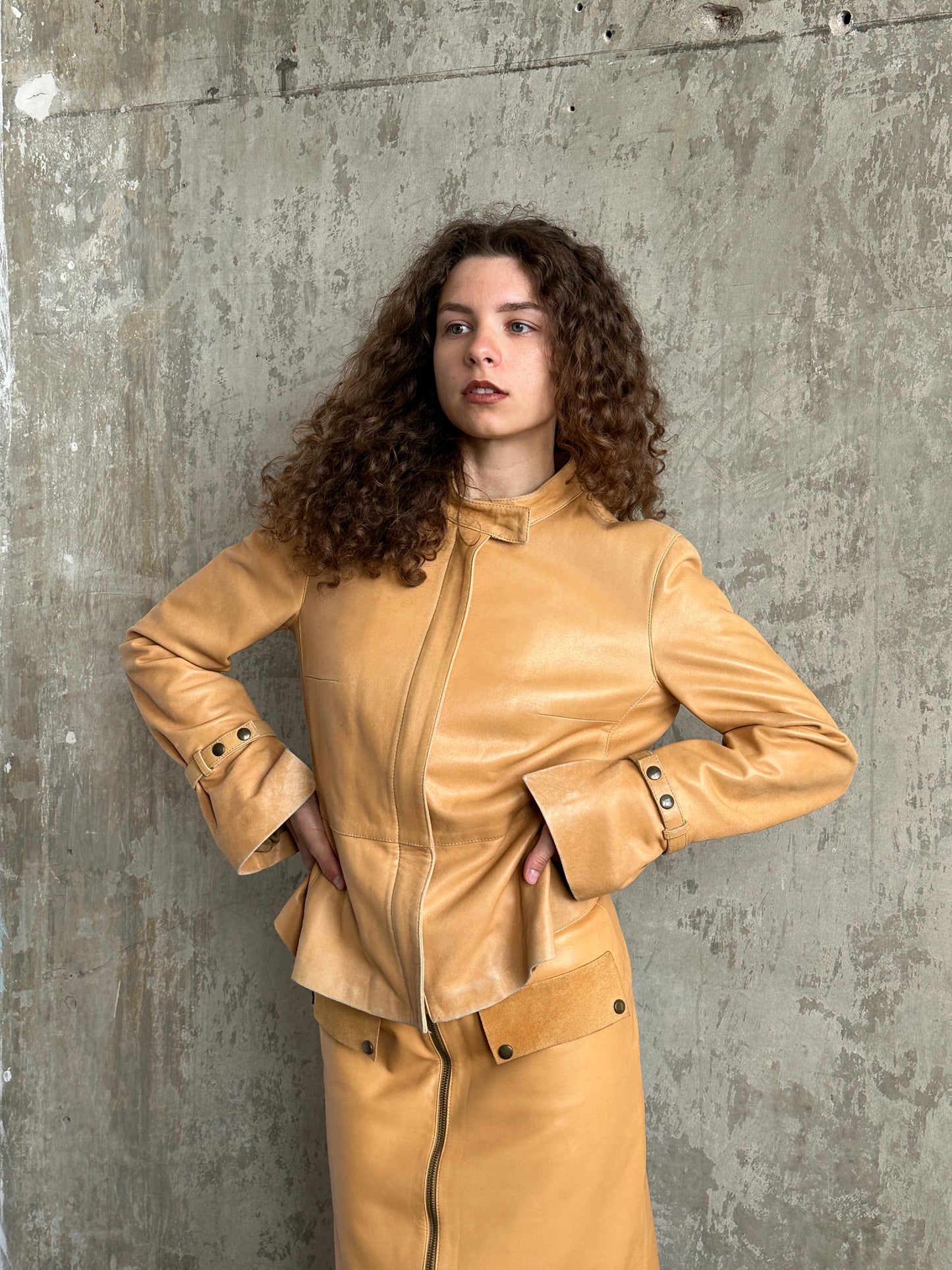 Vintage 90s Camel Tan Leather Suit | Jacket & Zip Skirt Set in Brown