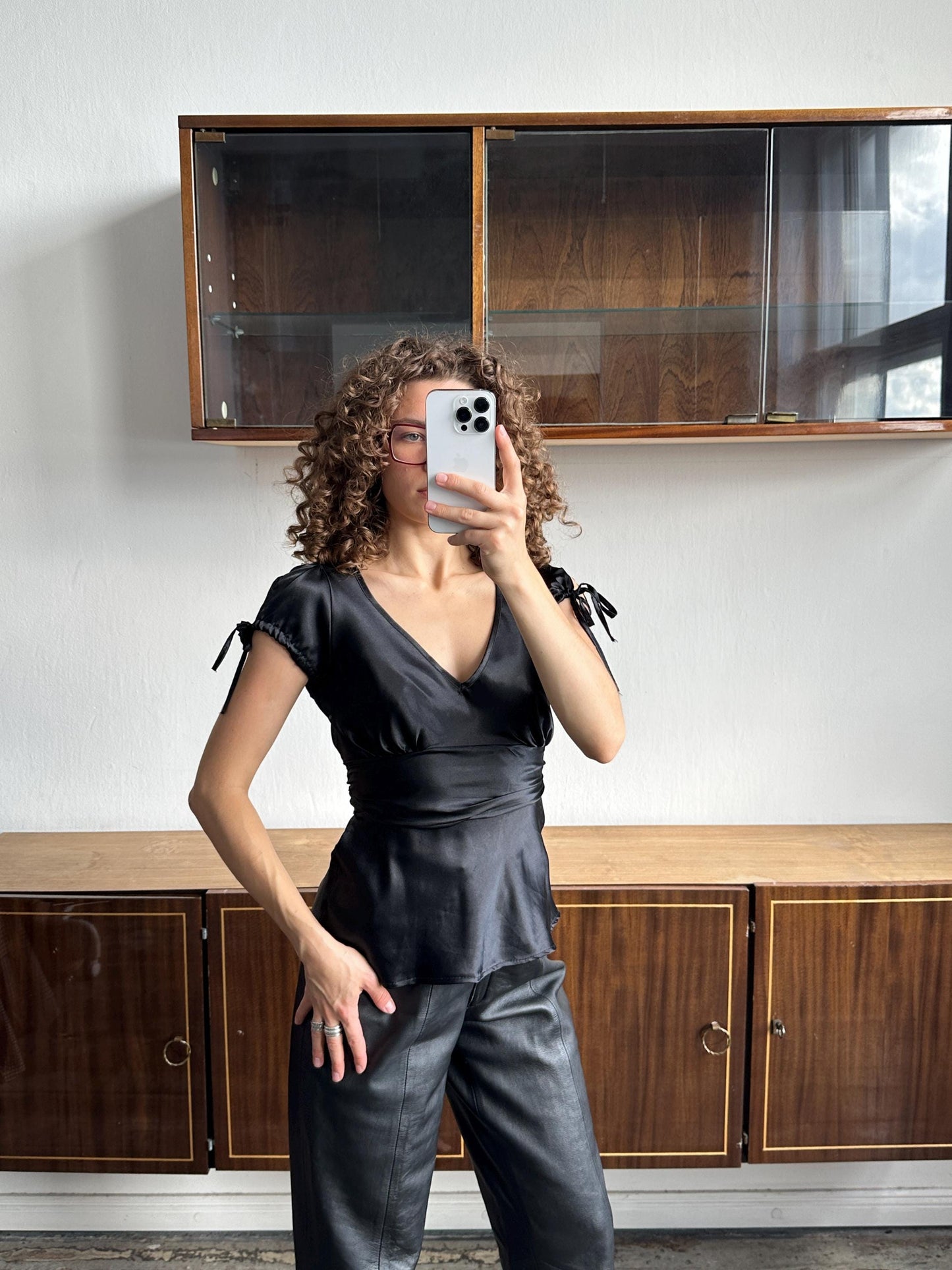Vintage belted satin top/blouse in black