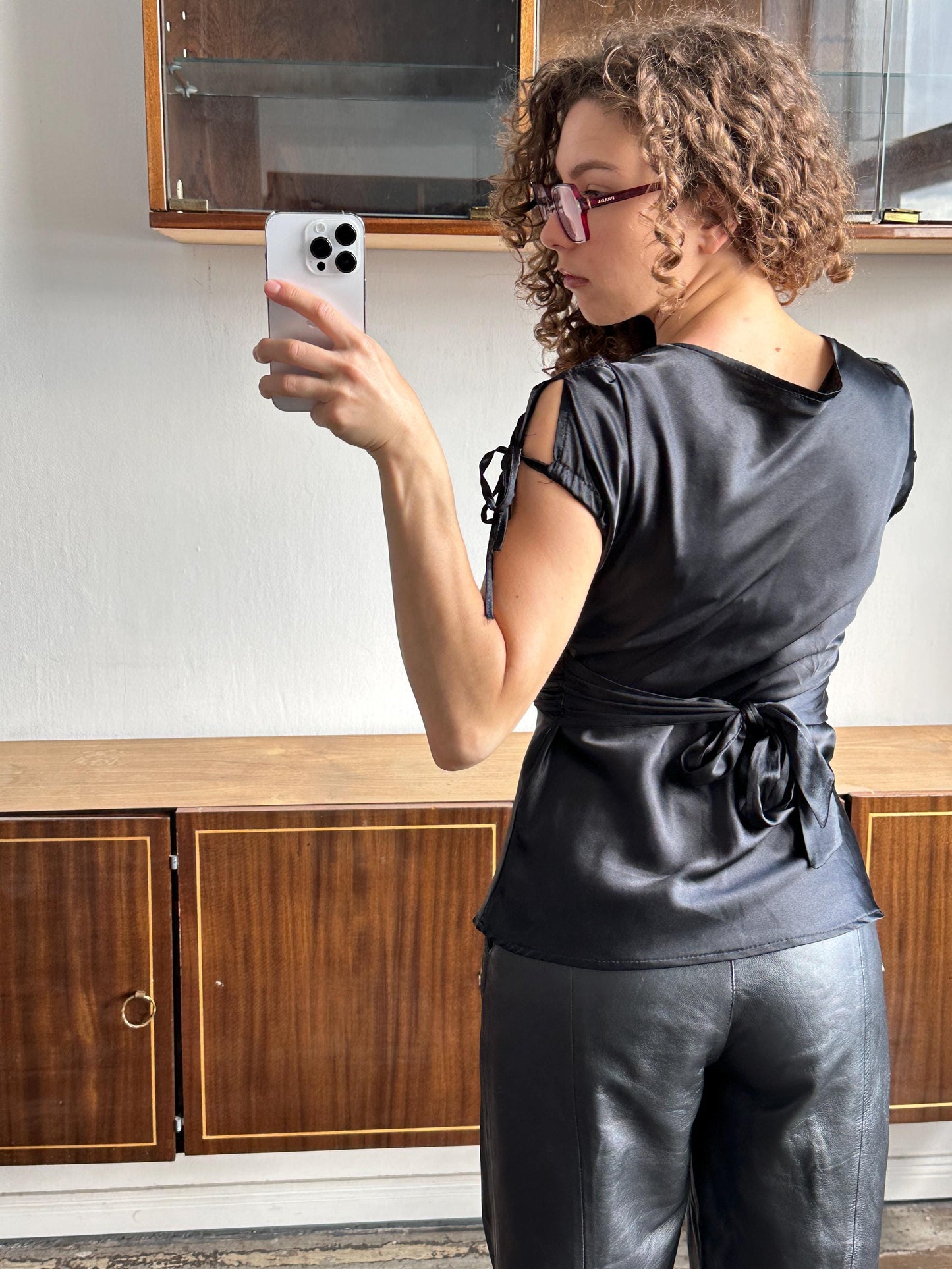 Vintage belted satin top/blouse in black