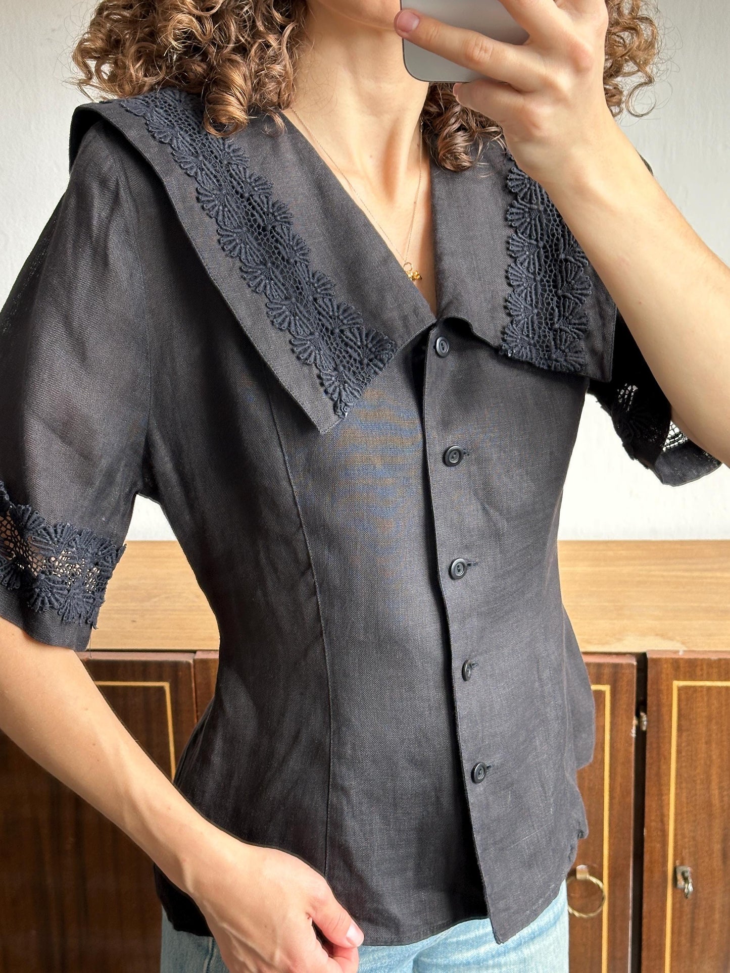 Vintage linen blouse in black with floral embroidery