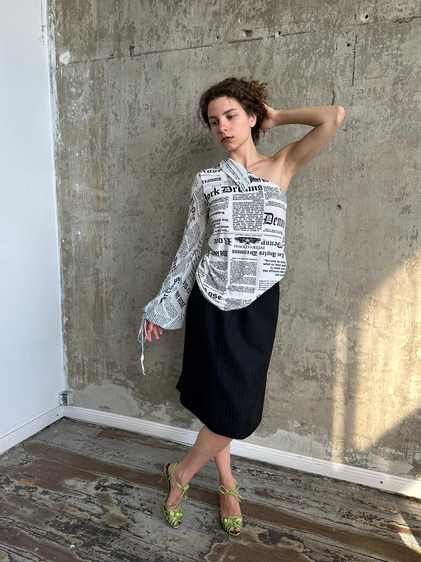 Vintage Denny Rose Newspaper Print One-Shoulder Top in Black and White