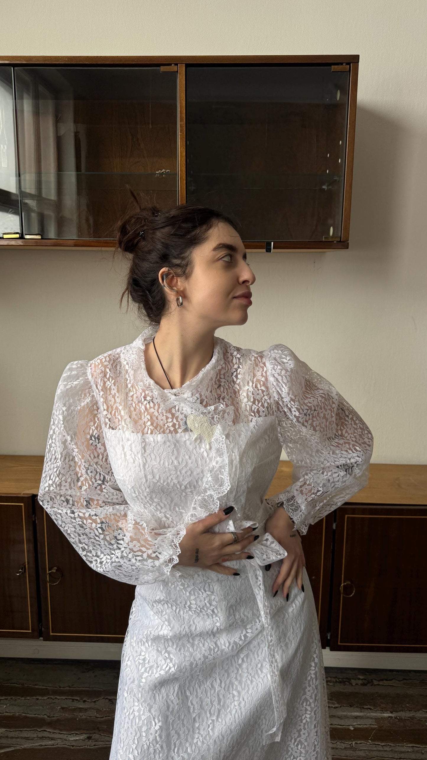 Vintage 70s silk bridal lace dress in white