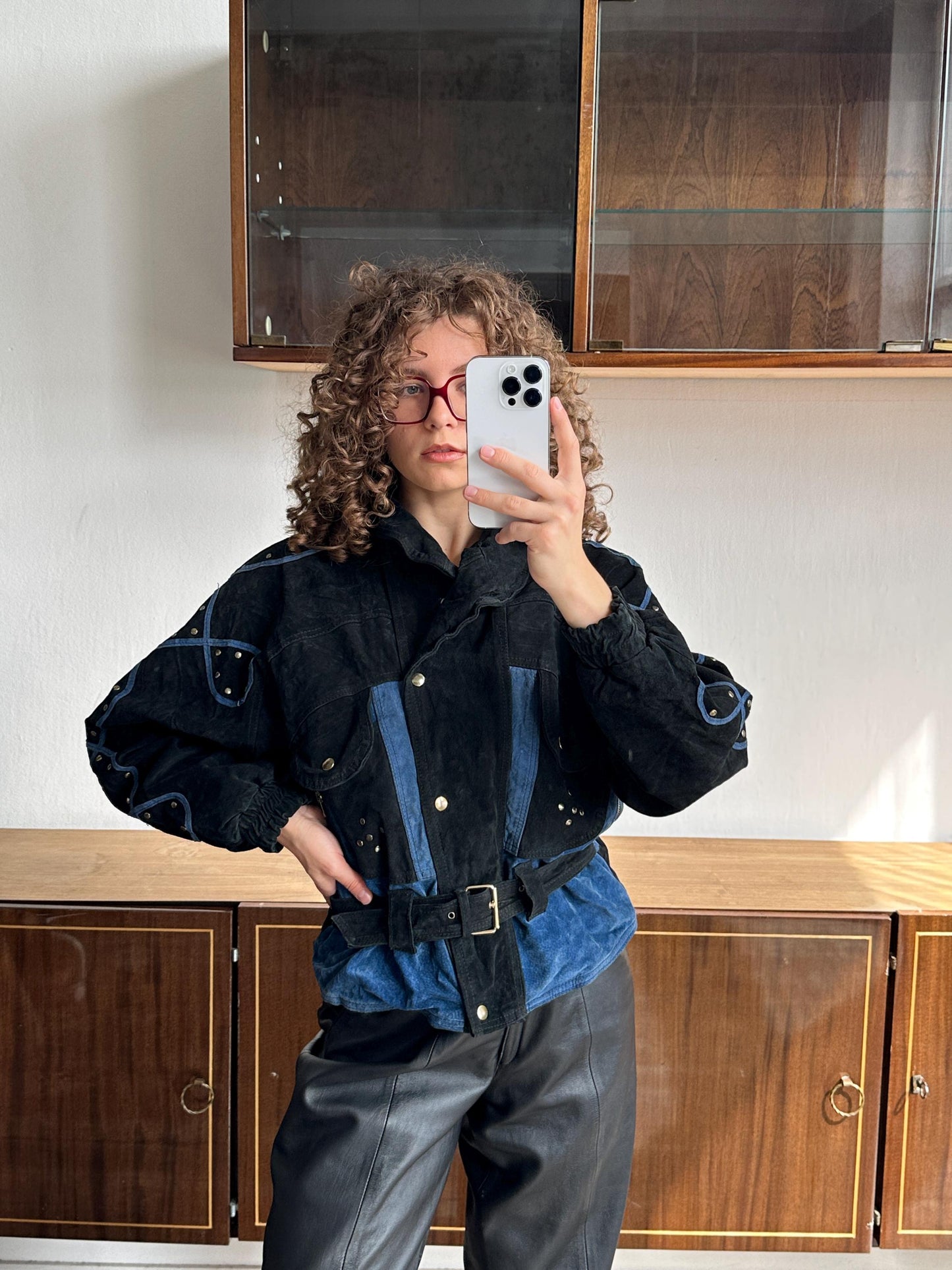 Vintage 90s Suede Leather Motorcycle Bomber Jacket - Black, Cropped Dolman Sleeve