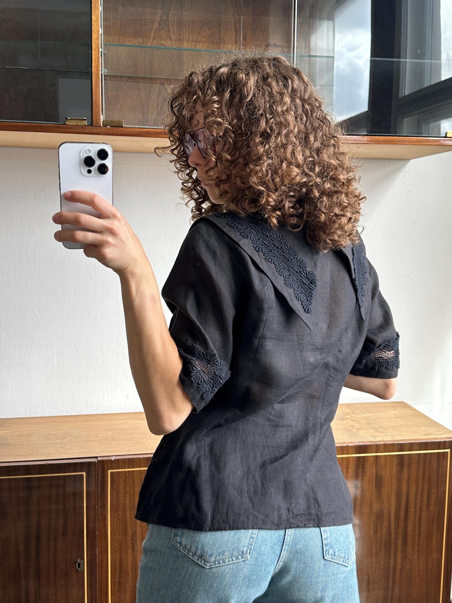 Vintage linen blouse in black with floral embroidery