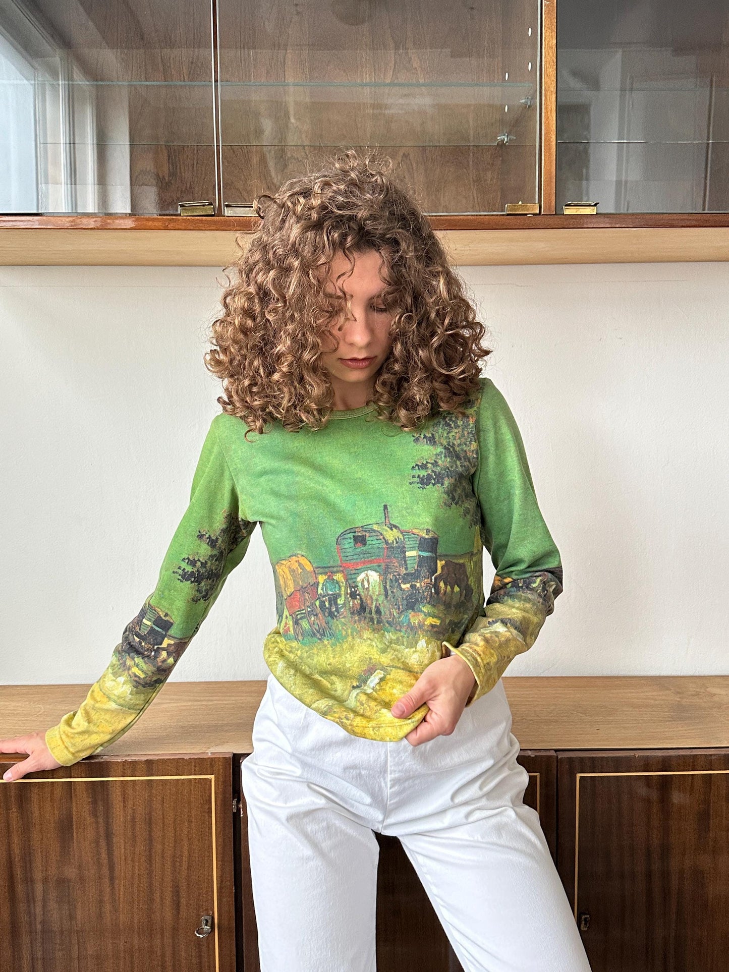 Vintage cotton sweatshirt in green with abstract nature print