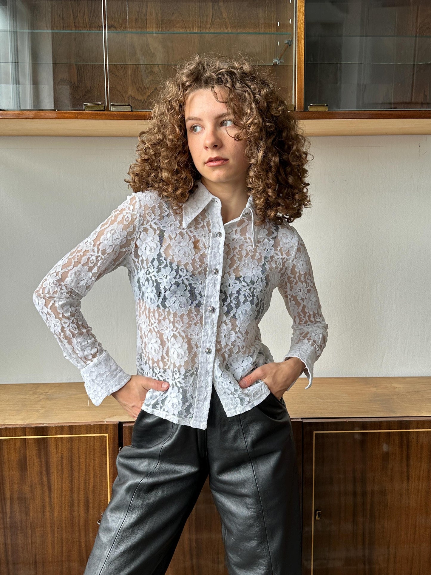 Vintage lace blouse in white, sheer blouse