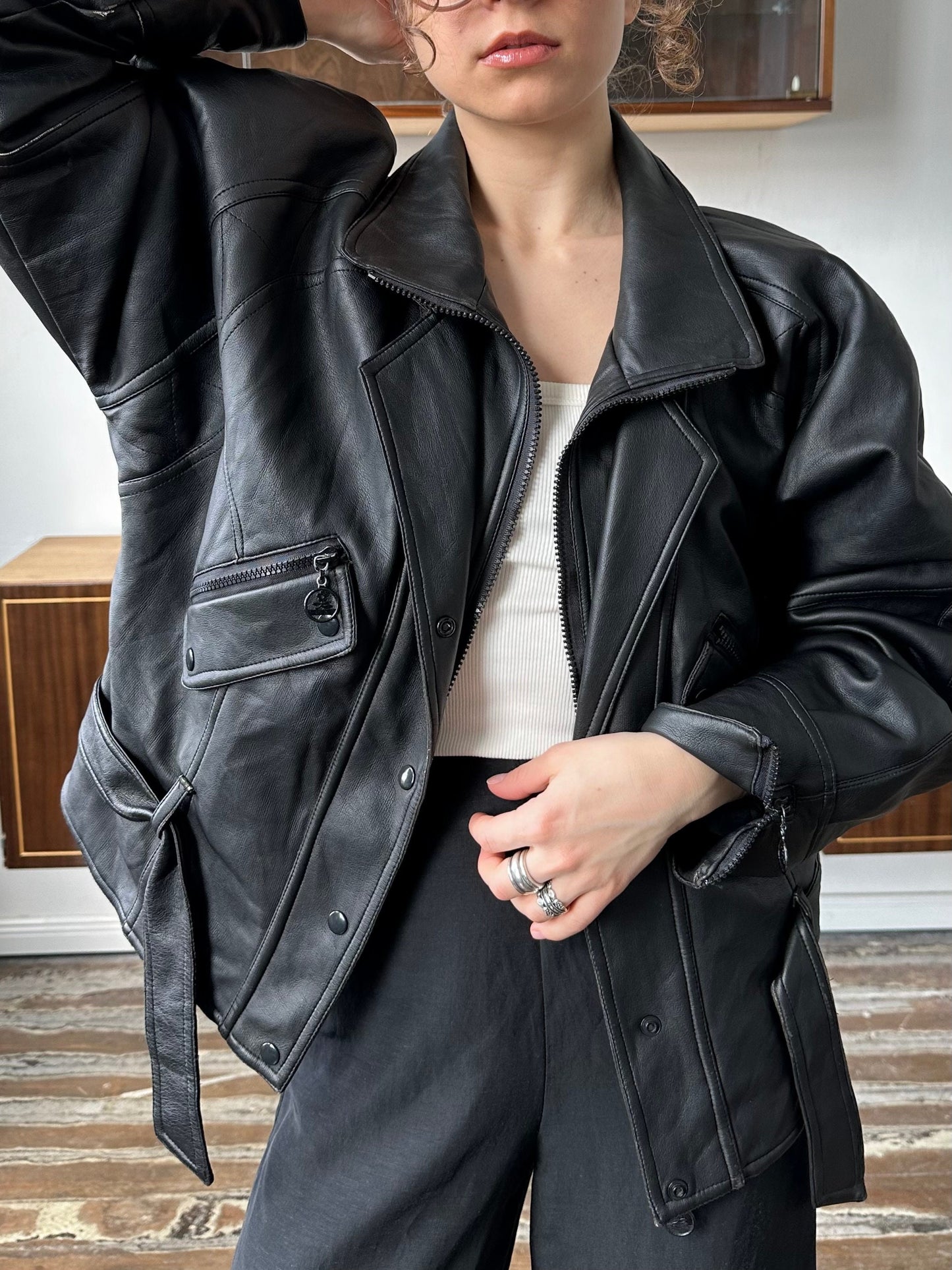 Vintage 90s faux leather bomber jacket in black