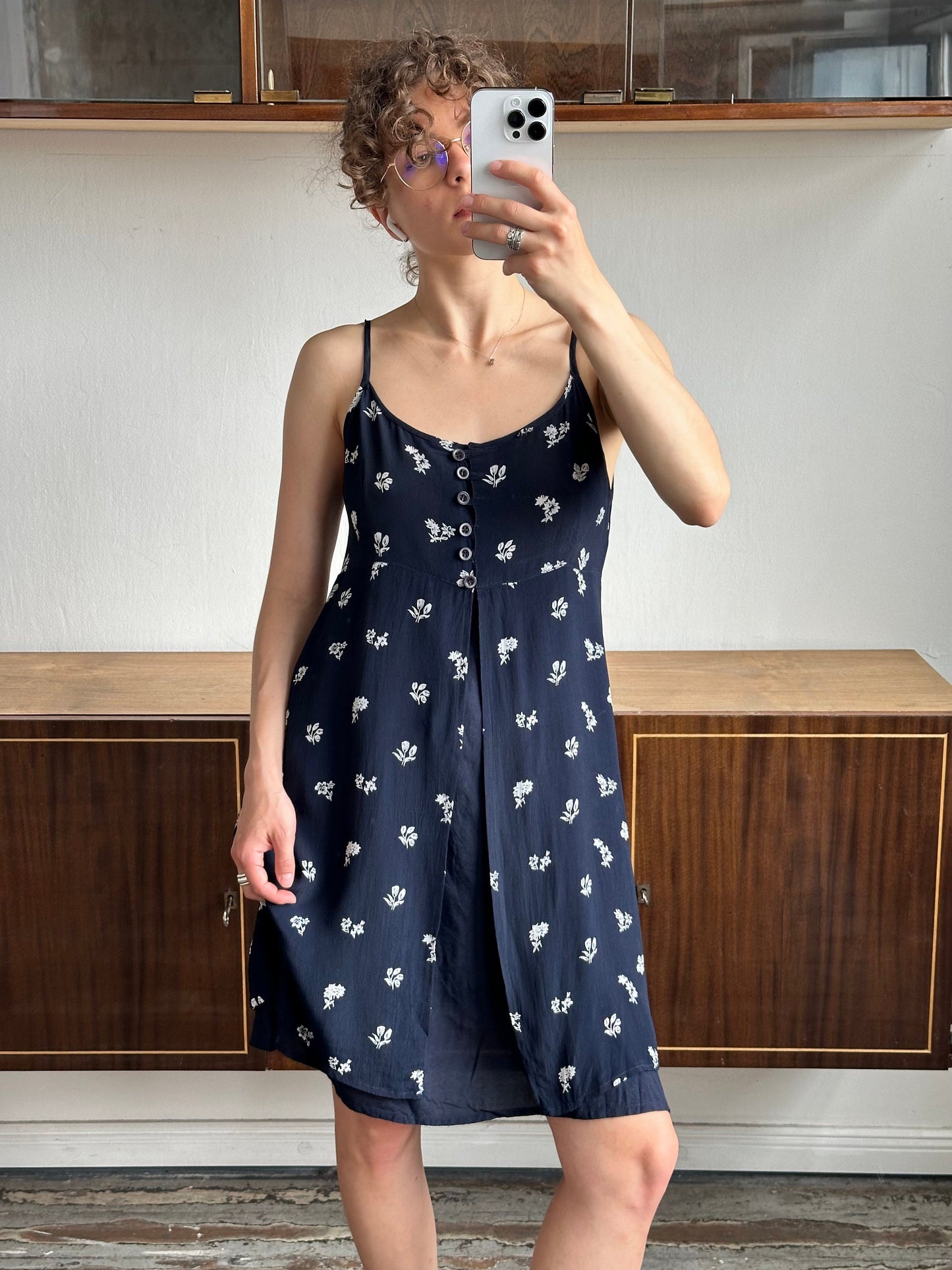 Vintage 90s sleeveless floral dress in blue, summer sundress