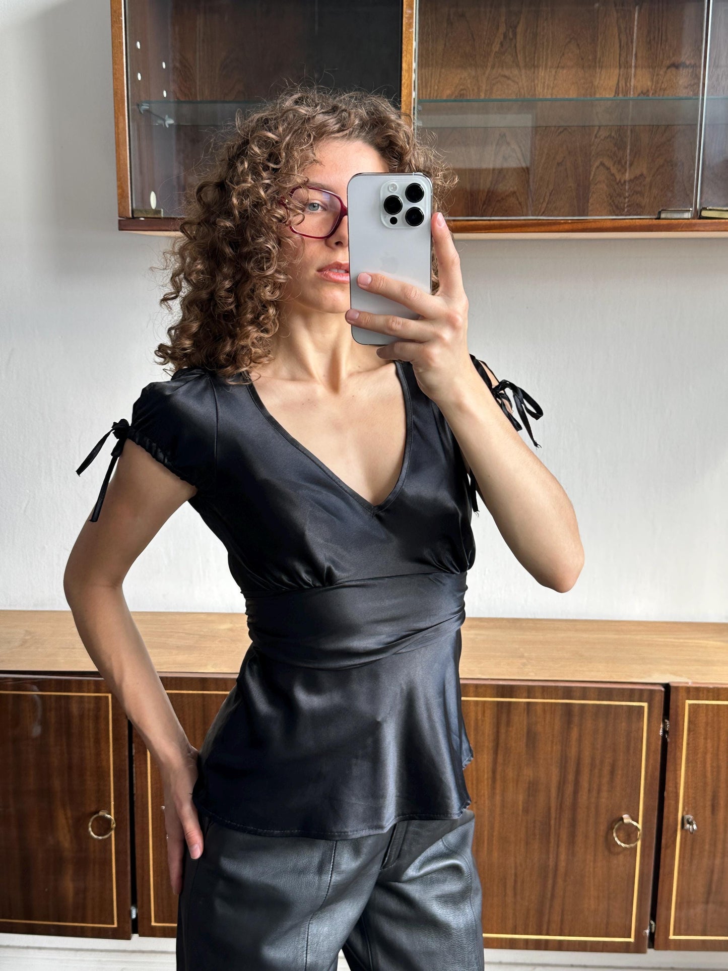 Vintage belted satin top/blouse in black