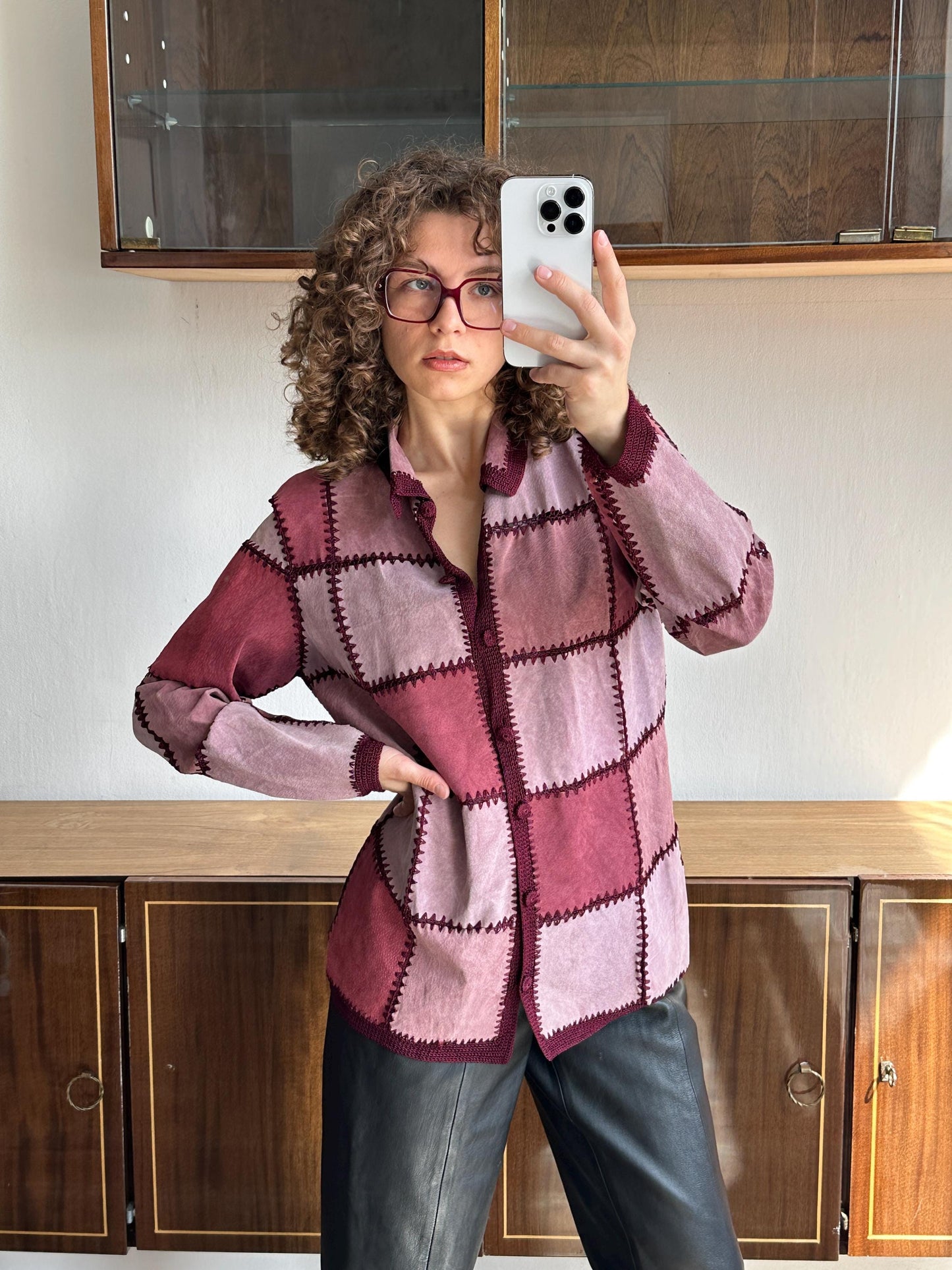Vintage patchwork leather jacket in pink
