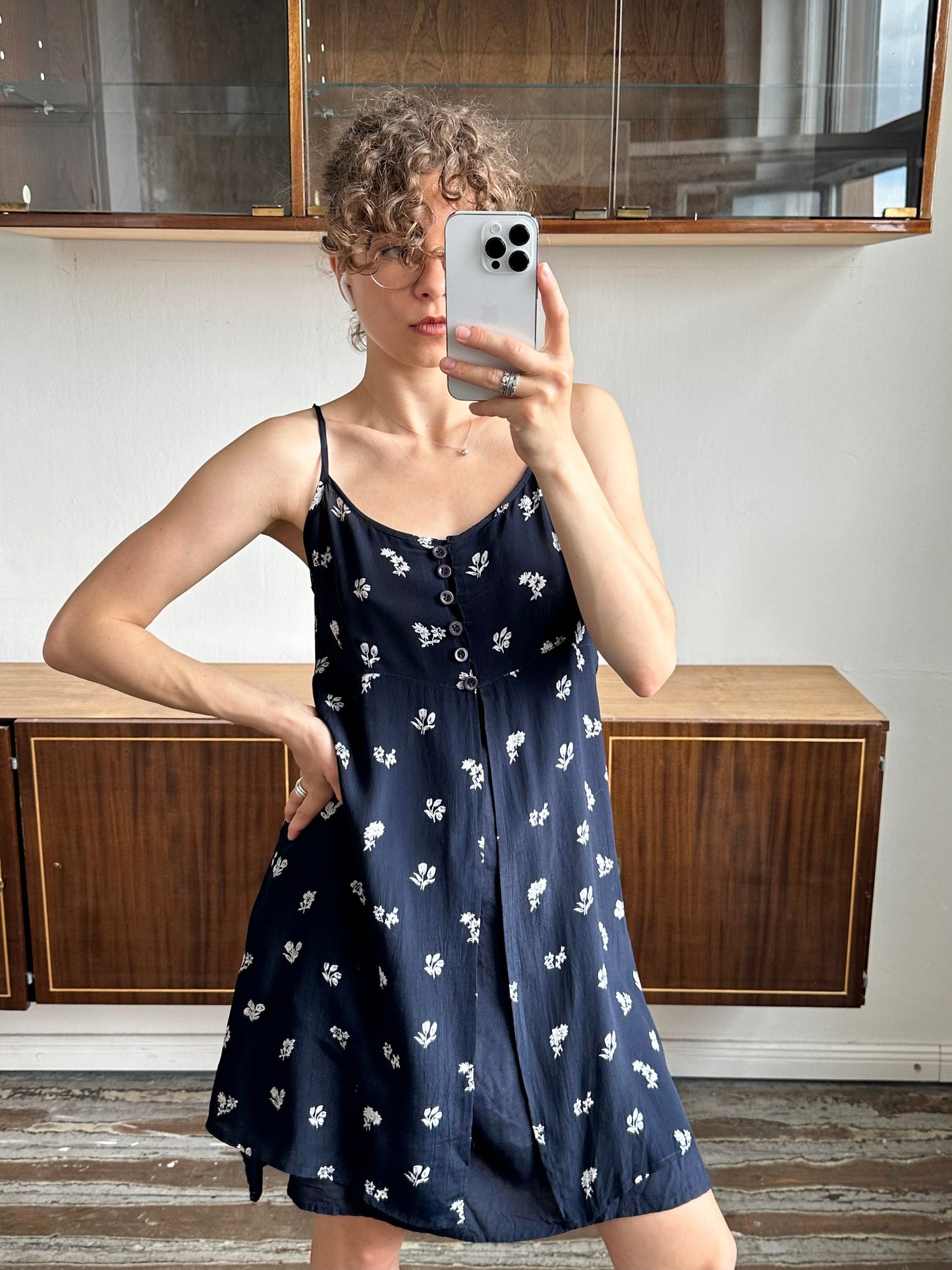 Vintage 90s sleeveless floral dress in blue, summer sundress