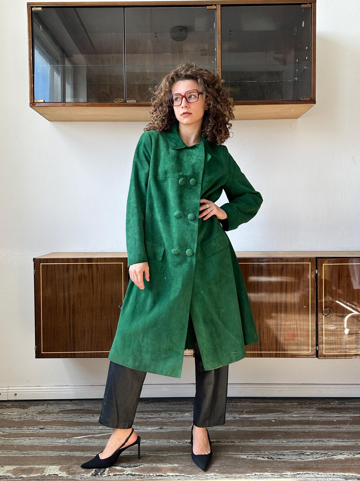 Vintage straight suede leather coat in bright green