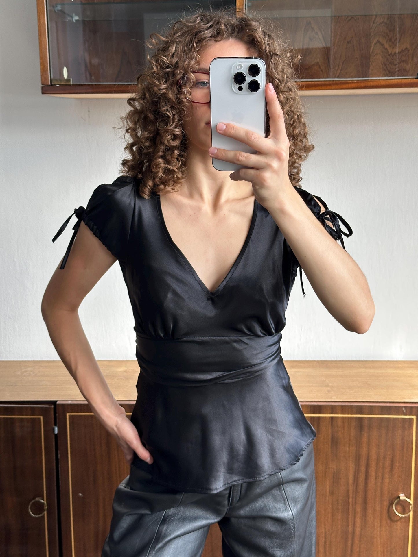 Vintage belted satin top/blouse in black