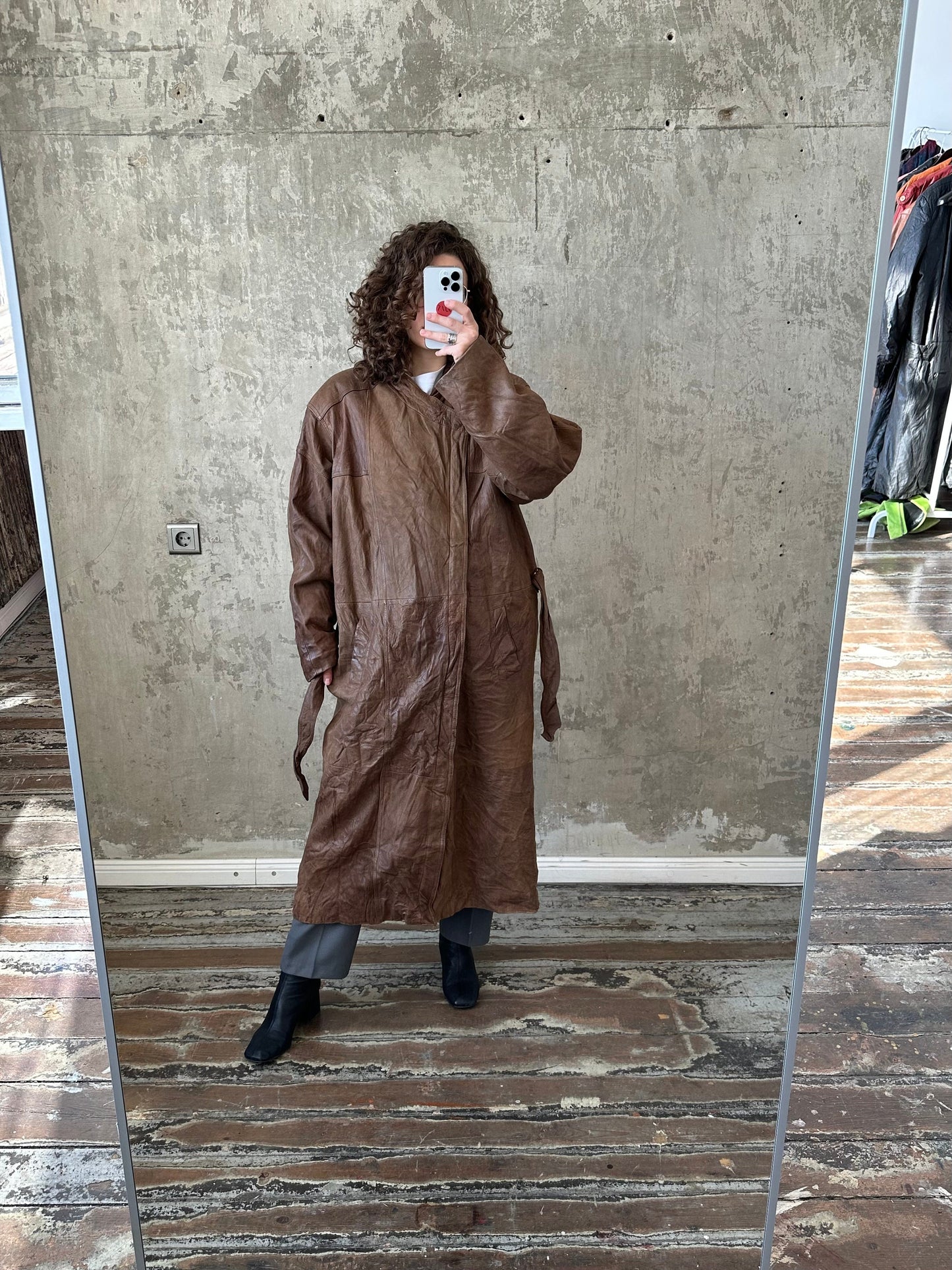 Vintage 90s genuine leather coat in brown, belted coat