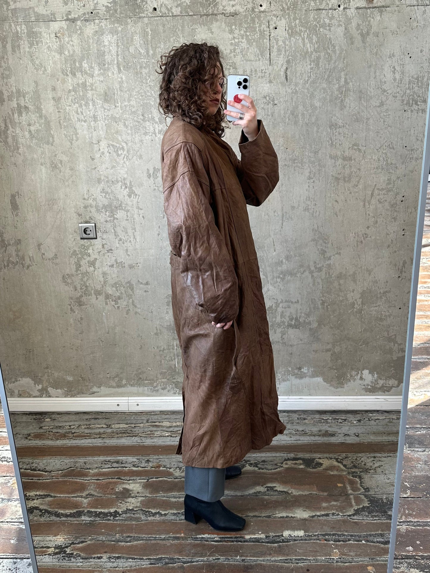 Vintage 90s genuine leather coat in brown, belted coat