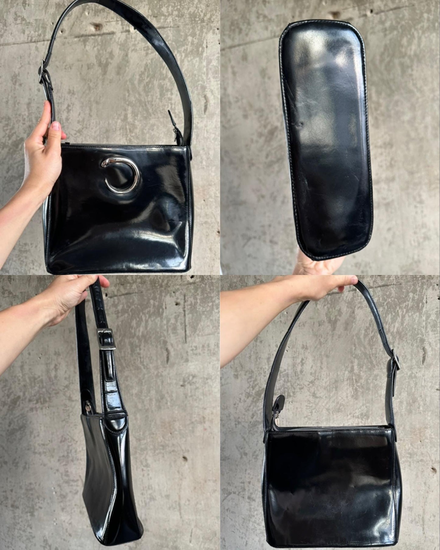 The image is a collage of four photos showing a person holding a black purse in different positions.