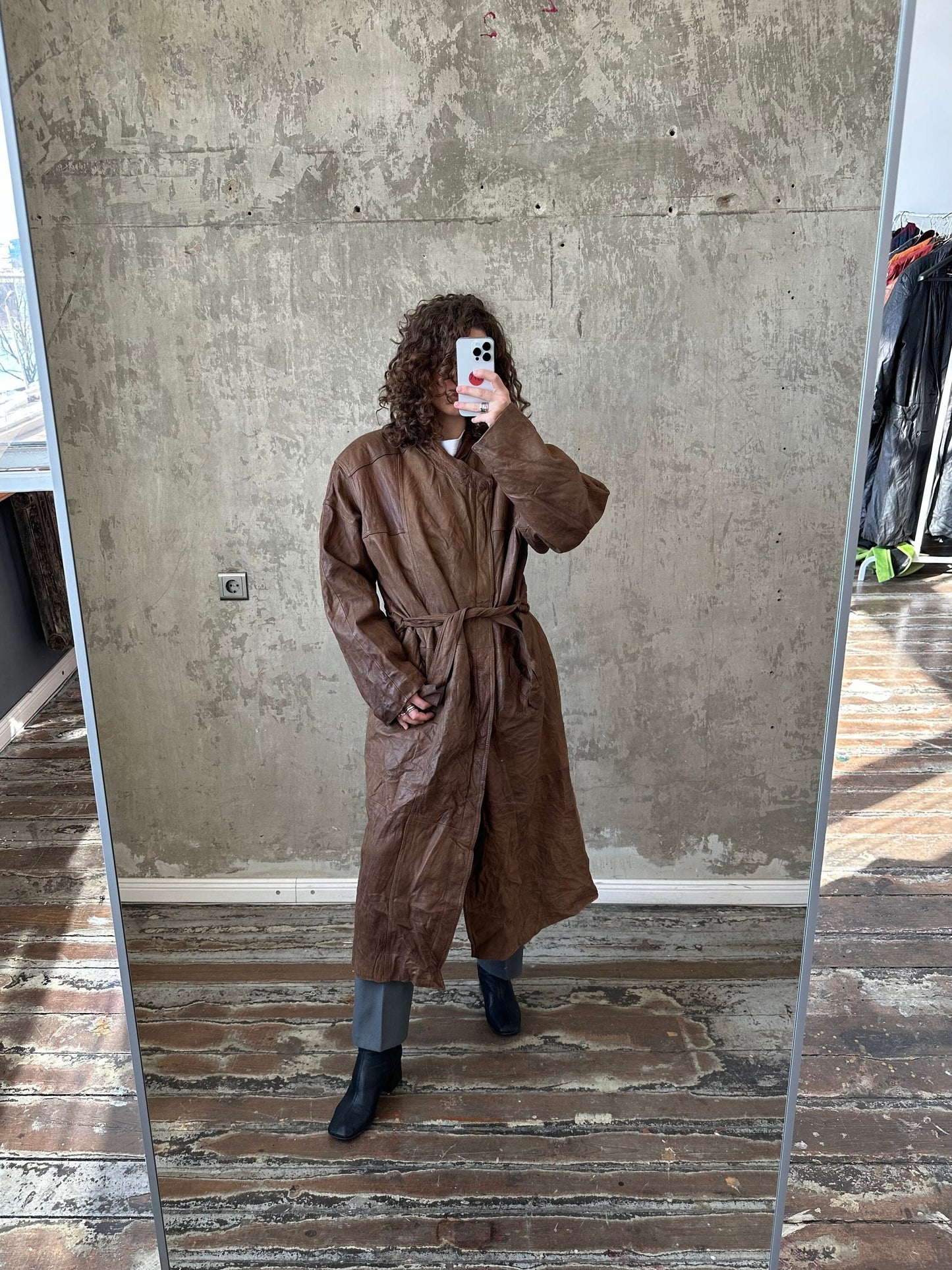 Vintage 90s genuine leather coat in brown, belted coat