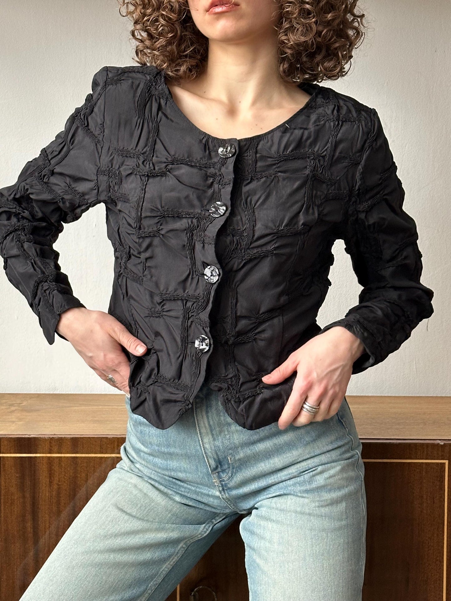 Vintage 80s ruffled women blouse in black