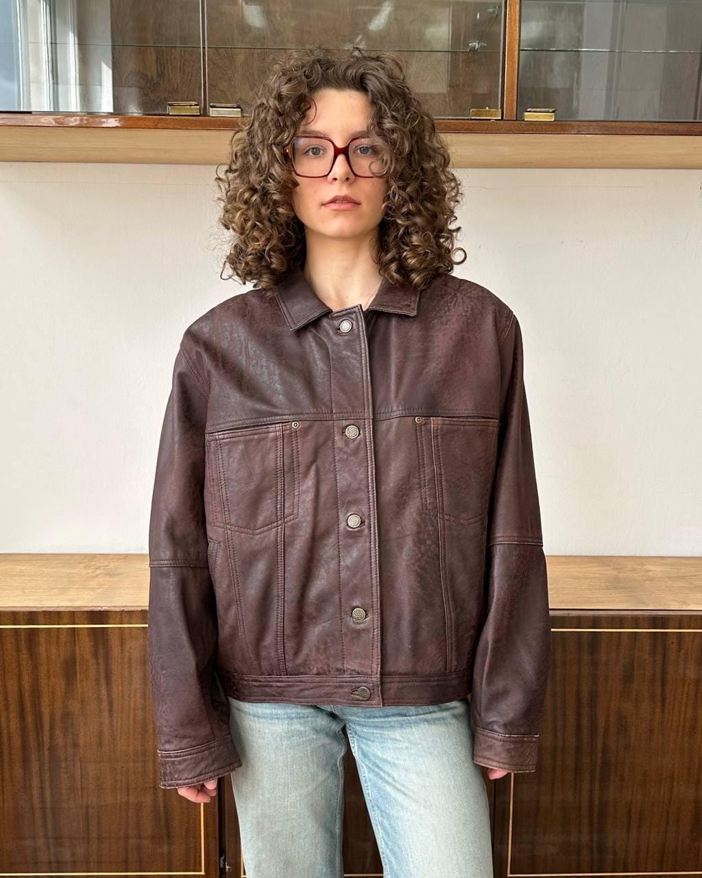 Vintage 90s boxy leather jacket in brown