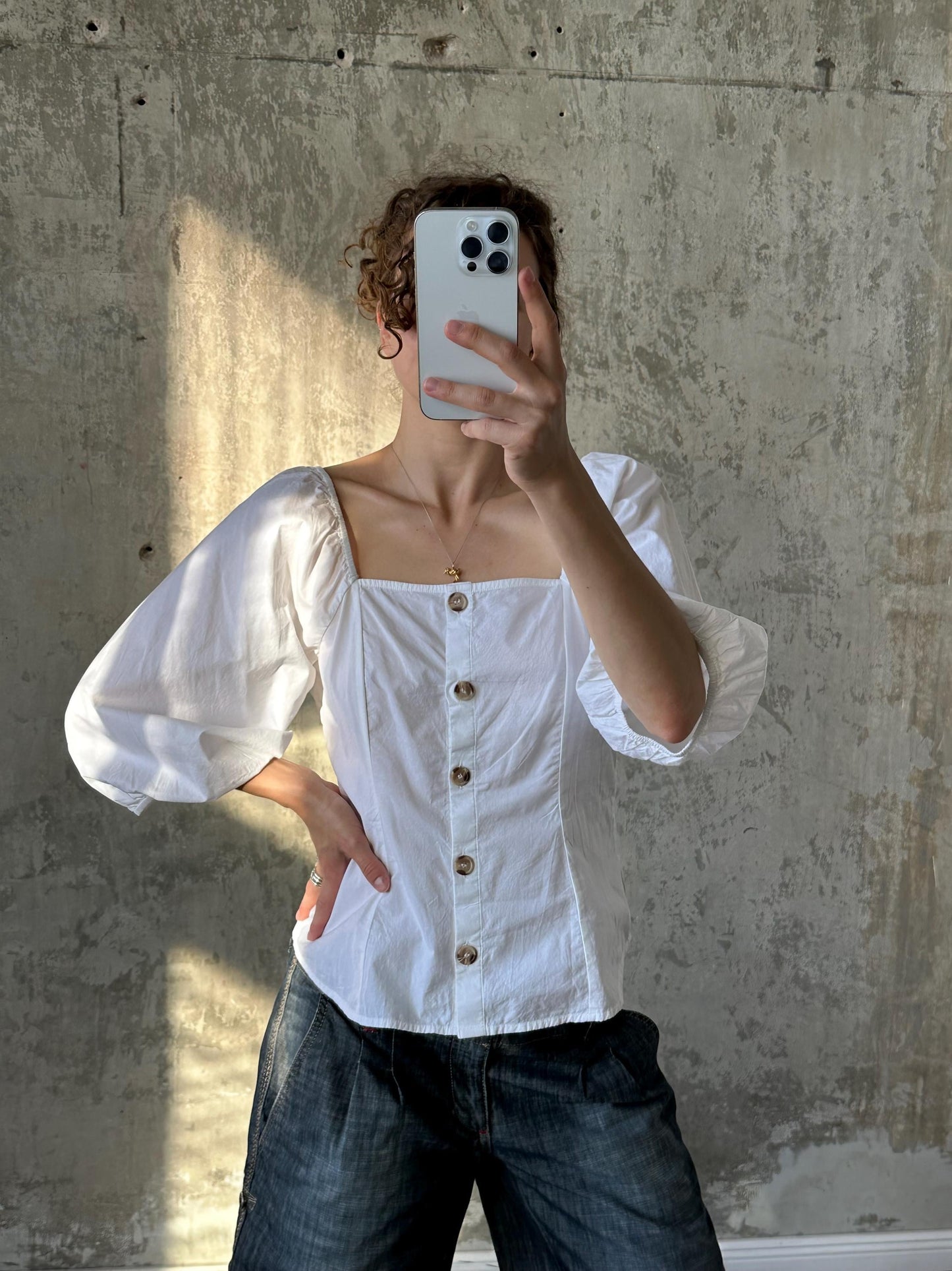 Vintage cotton blouse with balloon sleeves in white