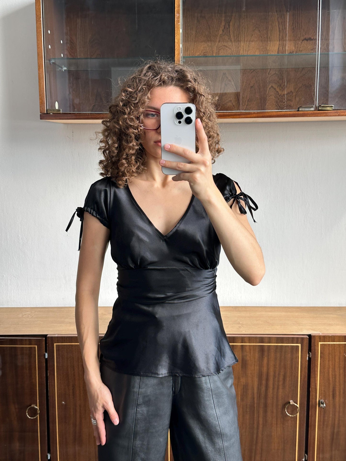 Vintage belted satin top/blouse in black