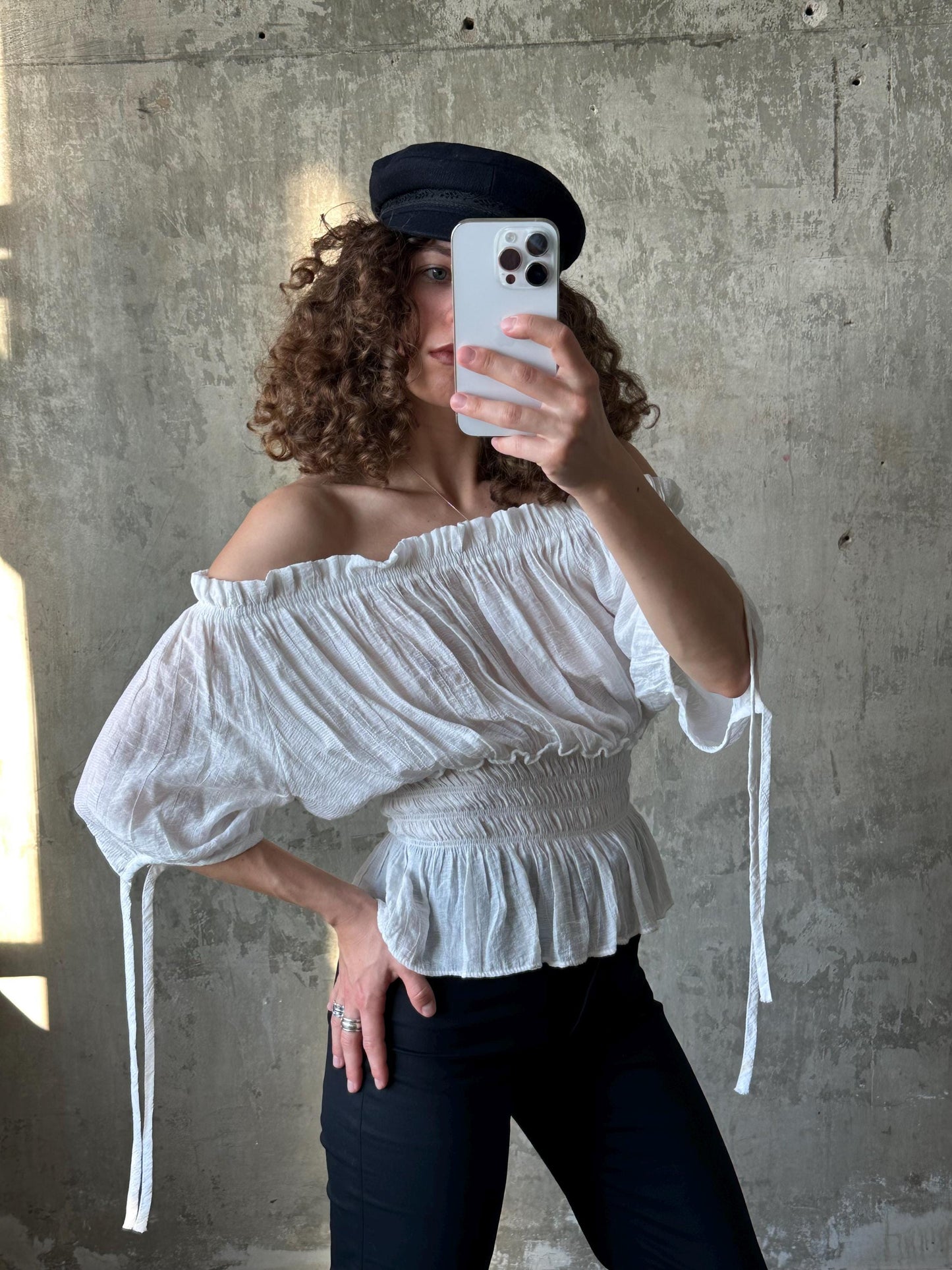 Vintage off-the-shoulder light blouse in white