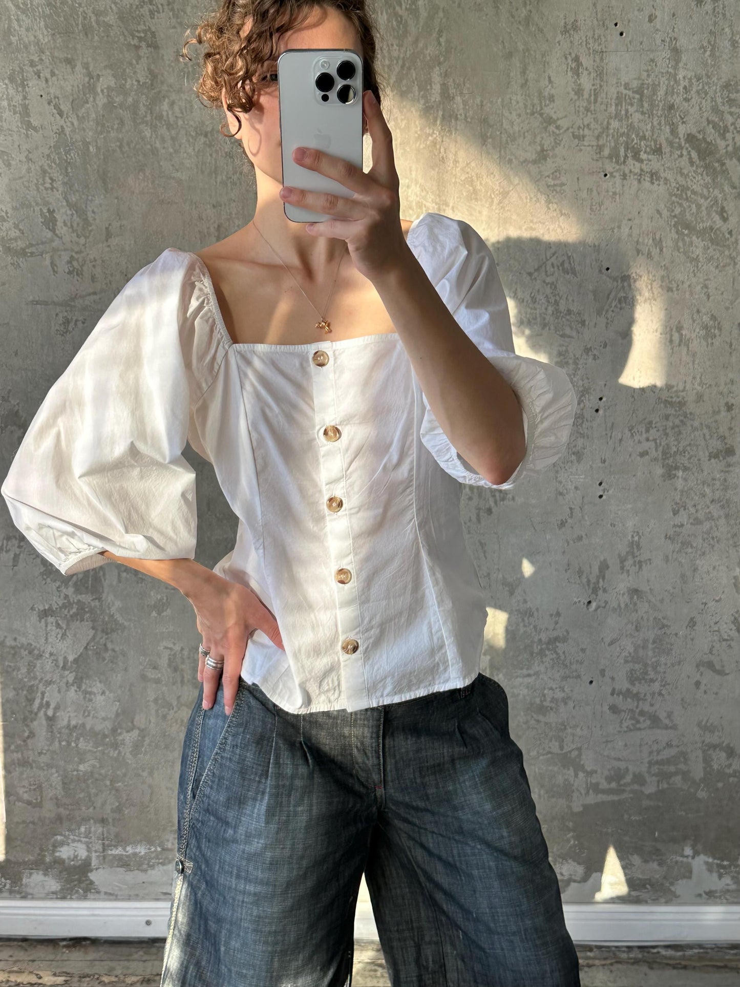 Vintage cotton blouse with balloon sleeves in white