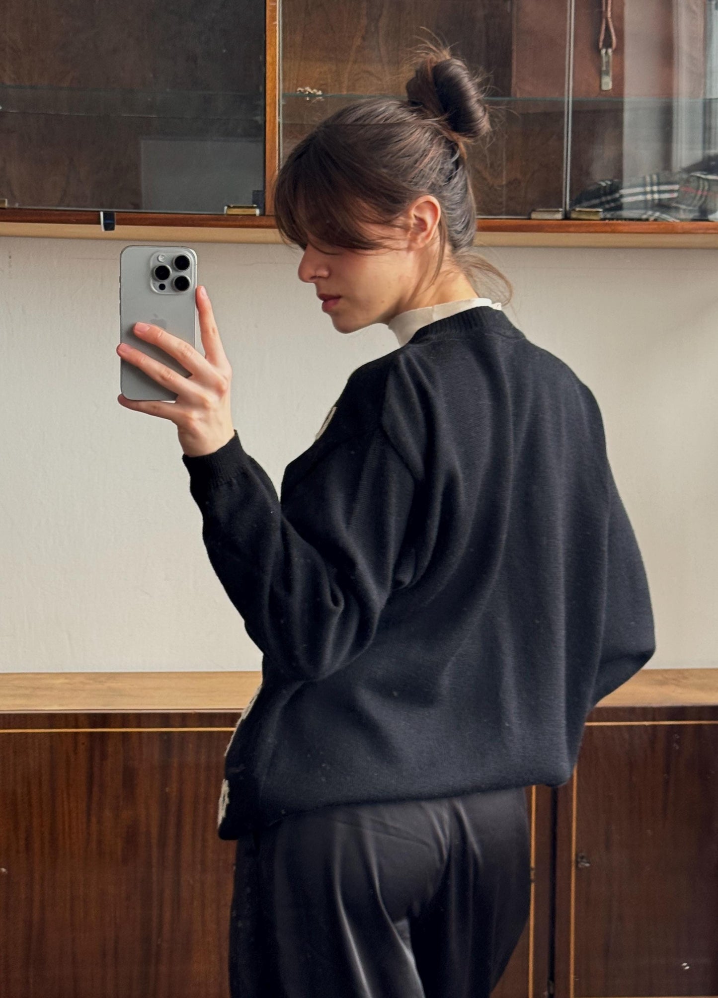 Vintage Oversized Wool Embroidered Cardigan In Black & White