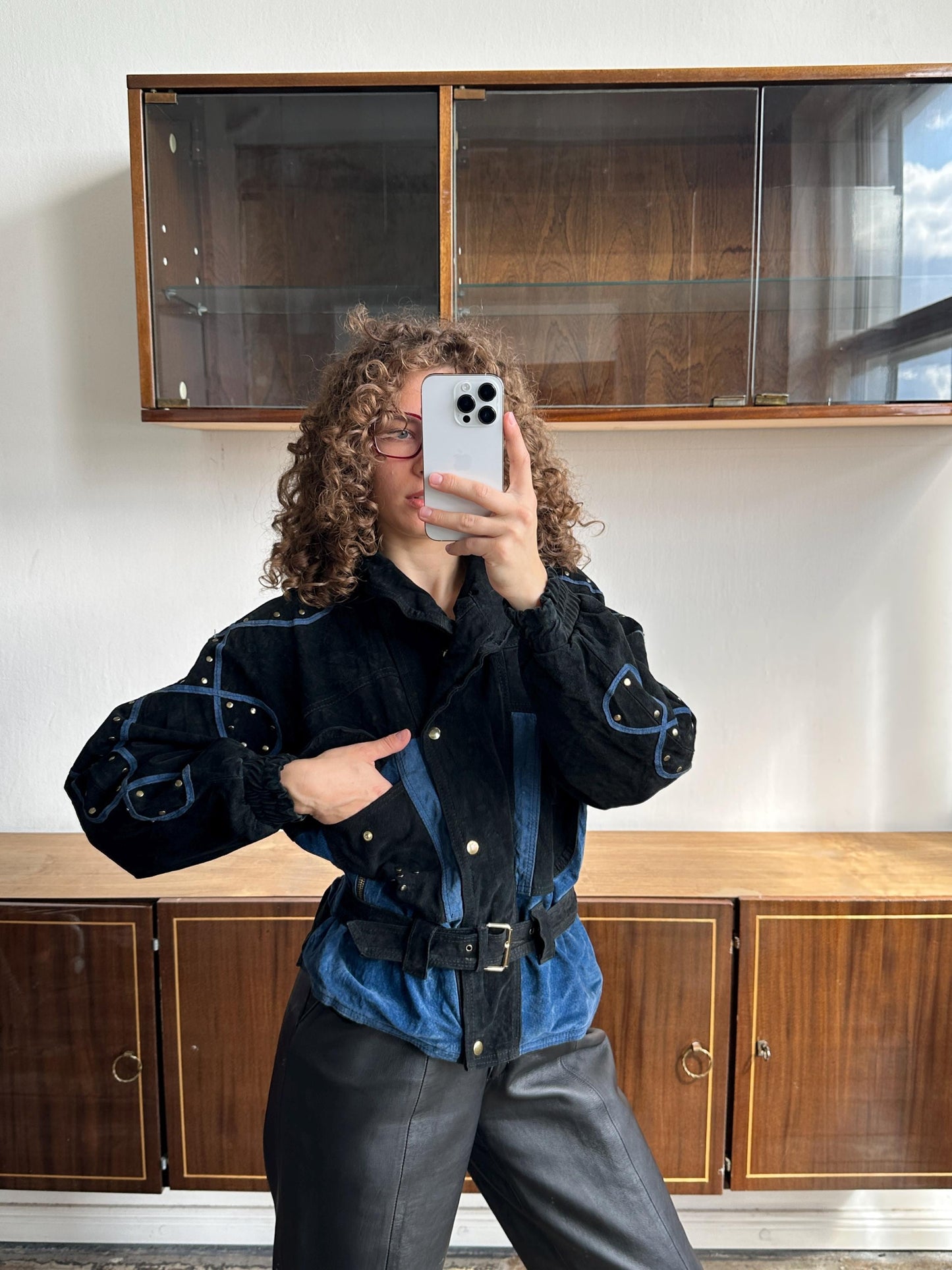 Vintage 90s Suede Leather Motorcycle Bomber Jacket - Black, Cropped Dolman Sleeve