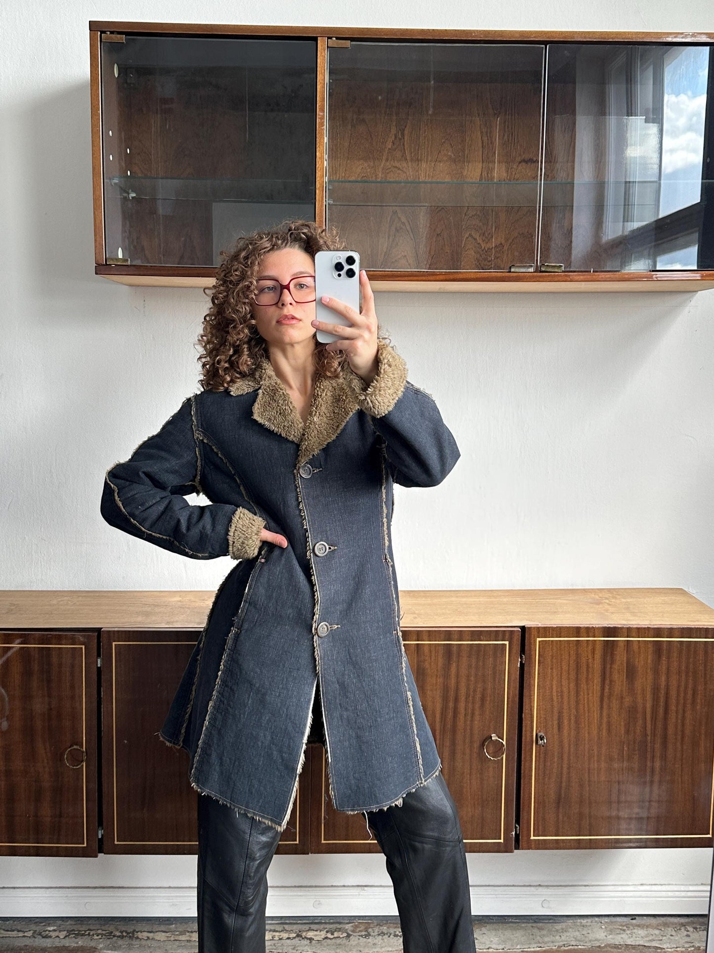 Vintage 90s denim coat with faux fur coat
