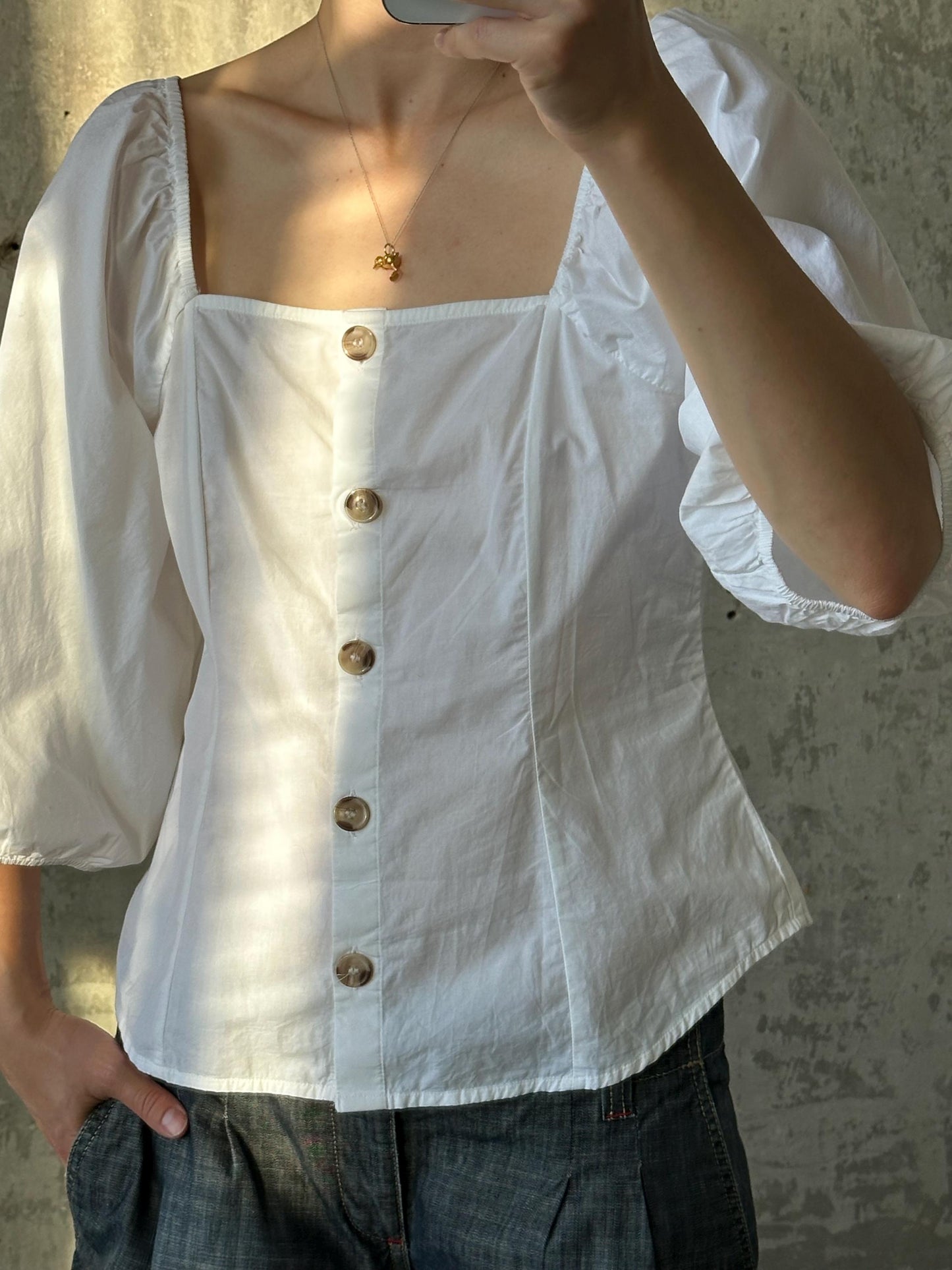 Vintage cotton blouse with balloon sleeves in white