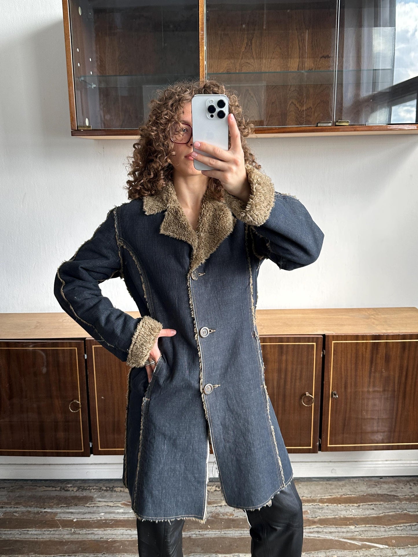Vintage 90s denim coat with faux fur coat